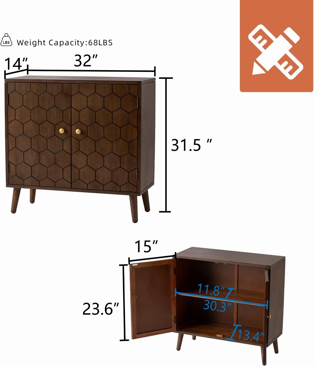 HOMPUS 32" Farmhouse Accent Cabinet with Honeycomb Pattern Doors, 2-Door Storage Cabinet, Modern Kitchen Buffet Sideboard with Shelves for Dining Room, Entryway, Hallway, Walnut