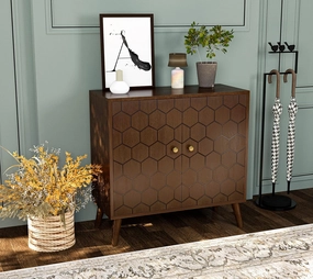 HOMPUS 32" Farmhouse Accent Cabinet with Honeycomb Pattern Doors, 2-Door Storage Cabinet, Modern Kitchen Buffet Sideboard with Shelves for Dining Room, Entryway, Hallway, Walnut
