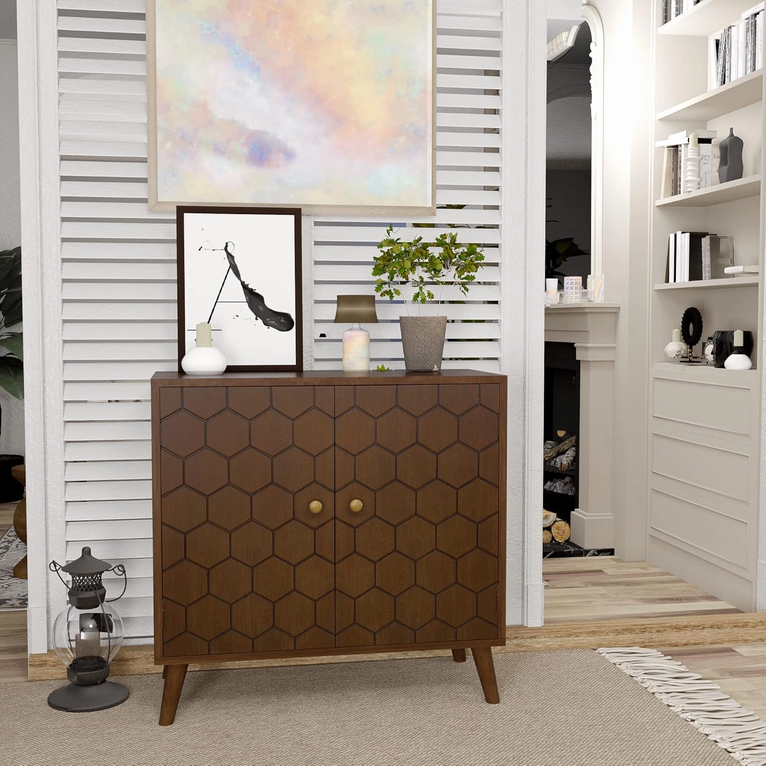 HOMPUS 32" Farmhouse Accent Cabinet with Honeycomb Pattern Doors, 2-Door Storage Cabinet, Modern Kitchen Buffet Sideboard with Shelves for Dining Room, Entryway, Hallway, Walnut