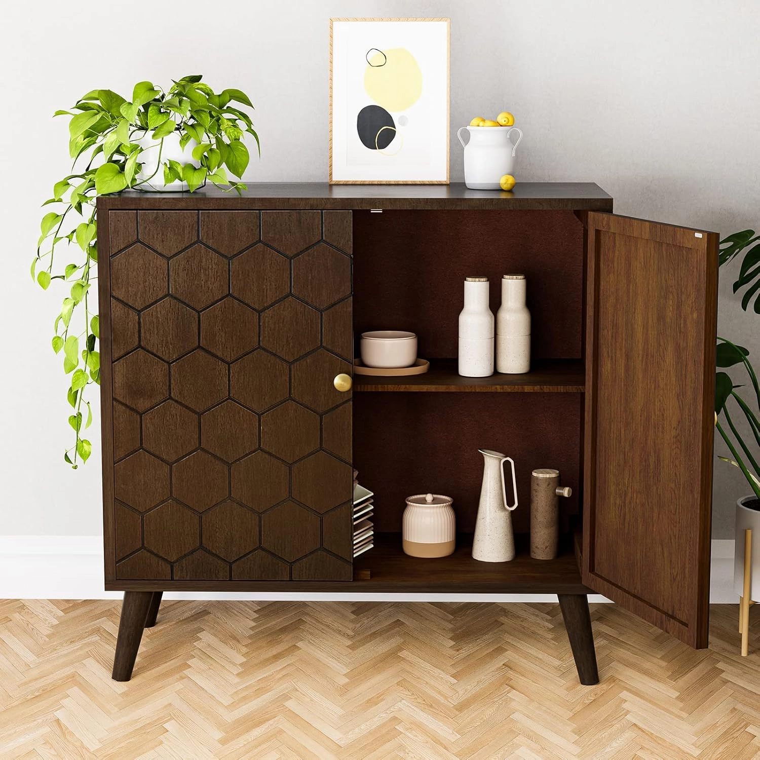 HOMPUS 32" Farmhouse Accent Cabinet with Honeycomb Pattern Doors, 2-Door Storage Cabinet, Modern Kitchen Buffet Sideboard with Shelves for Dining Room, Entryway, Hallway, Walnut