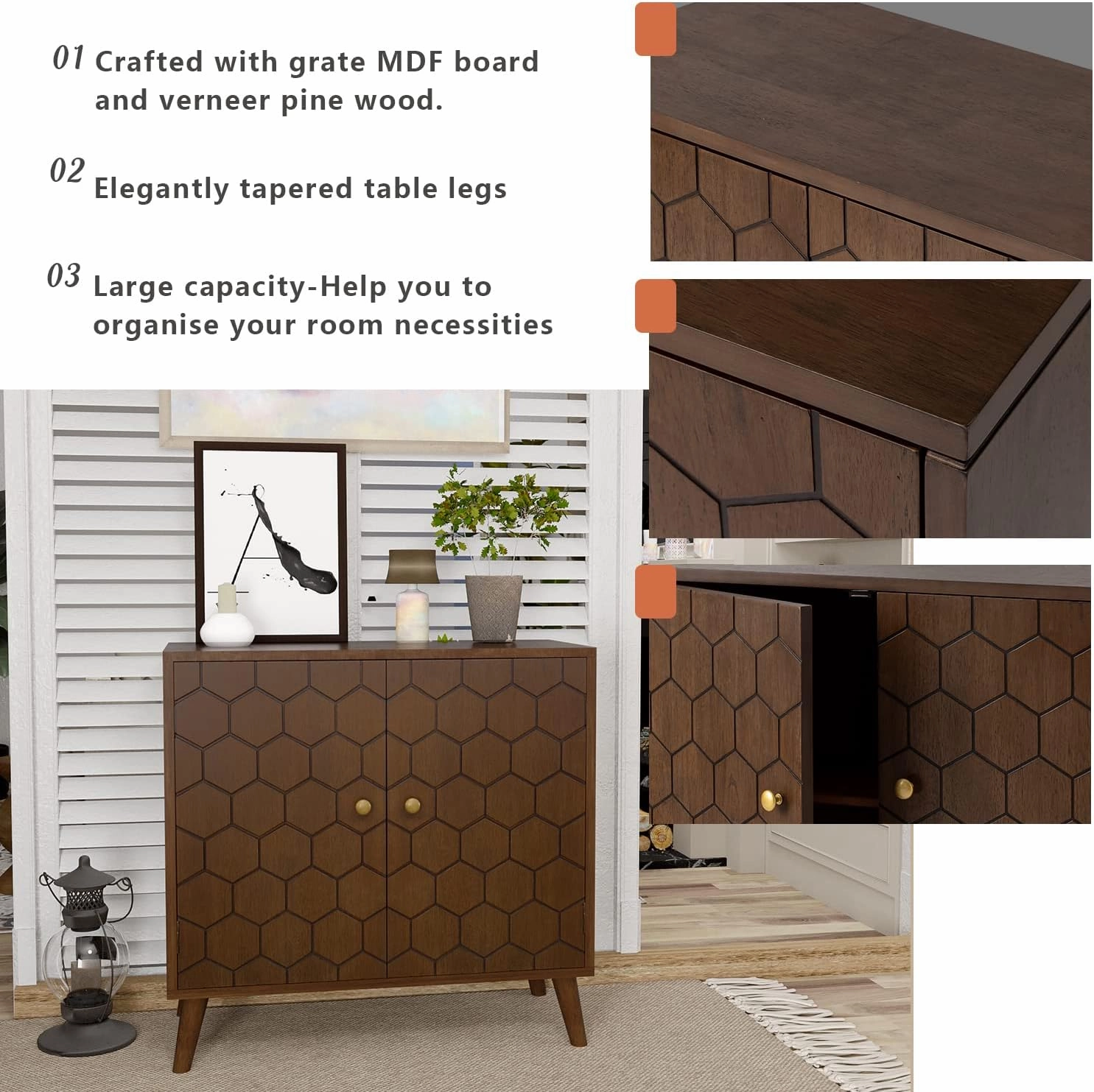 HOMPUS 32" Farmhouse Accent Cabinet with Honeycomb Pattern Doors, 2-Door Storage Cabinet, Modern Kitchen Buffet Sideboard with Shelves for Dining Room, Entryway, Hallway, Walnut