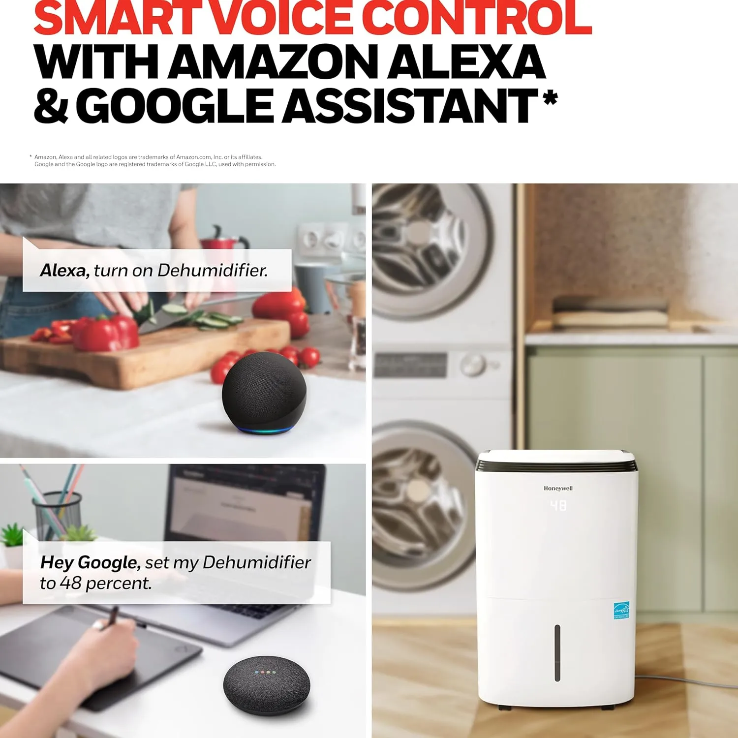 Honeywell 1500 Sq. Ft. Energy Star Smart Dehumidifier for Home Basements & Large Rooms, with WiFi, Alexa Voice Control and Anti-Spill Design - TP30AWKNR