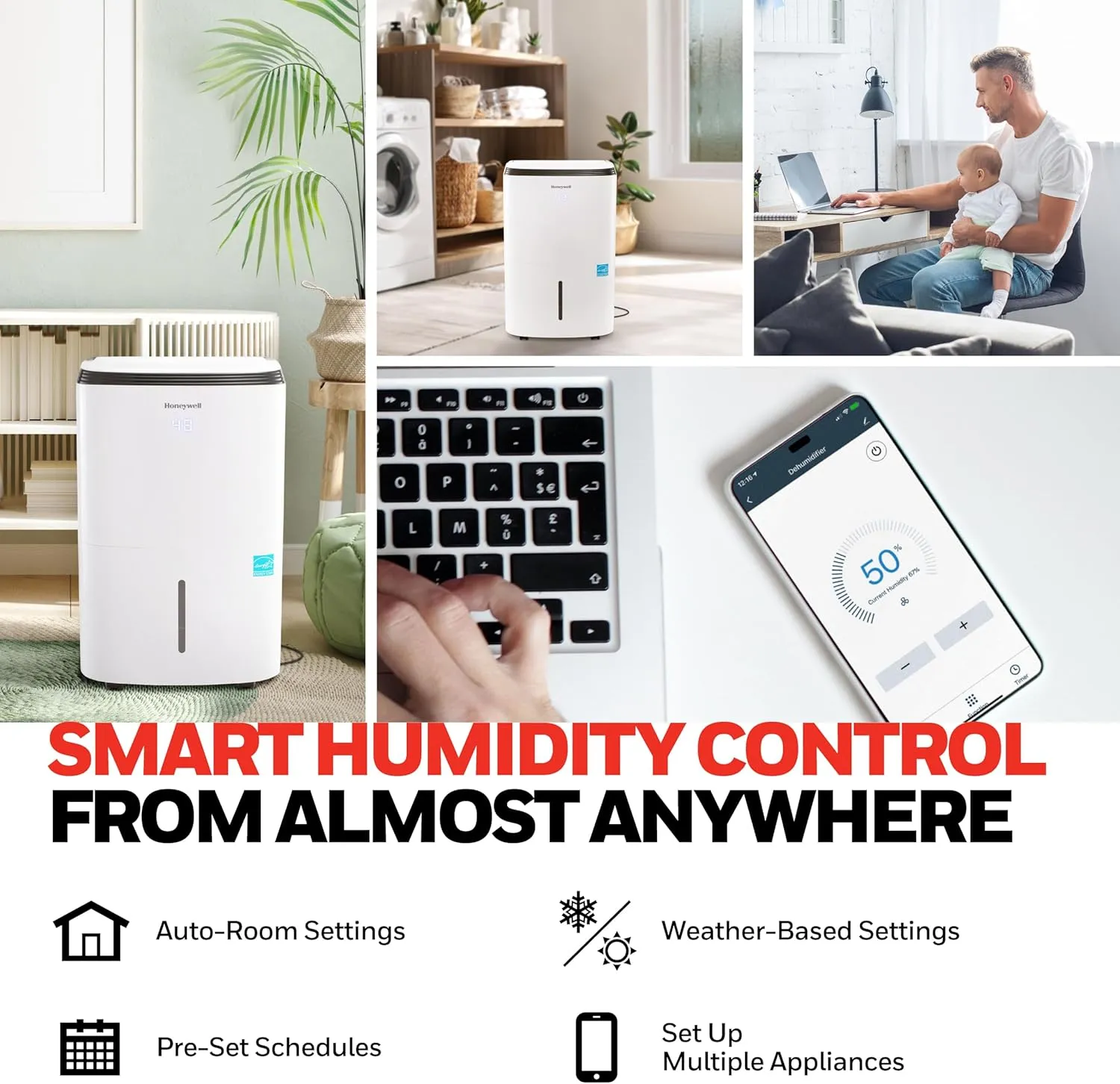 Honeywell 1500 Sq. Ft. Energy Star Smart Dehumidifier for Home Basements & Large Rooms, with WiFi, Alexa Voice Control and Anti-Spill Design - TP30AWKNR