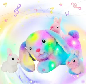 Hopearl LED Musical Stuffed Bunny Light up Singing Plush Toy Playset Mommy Rabbit with 3 Baby Bunnies in her Tummy Adjustable Volume Lullaby Animated Soothe Gifts for Kids Toddler Girls, Rainbow, 12''