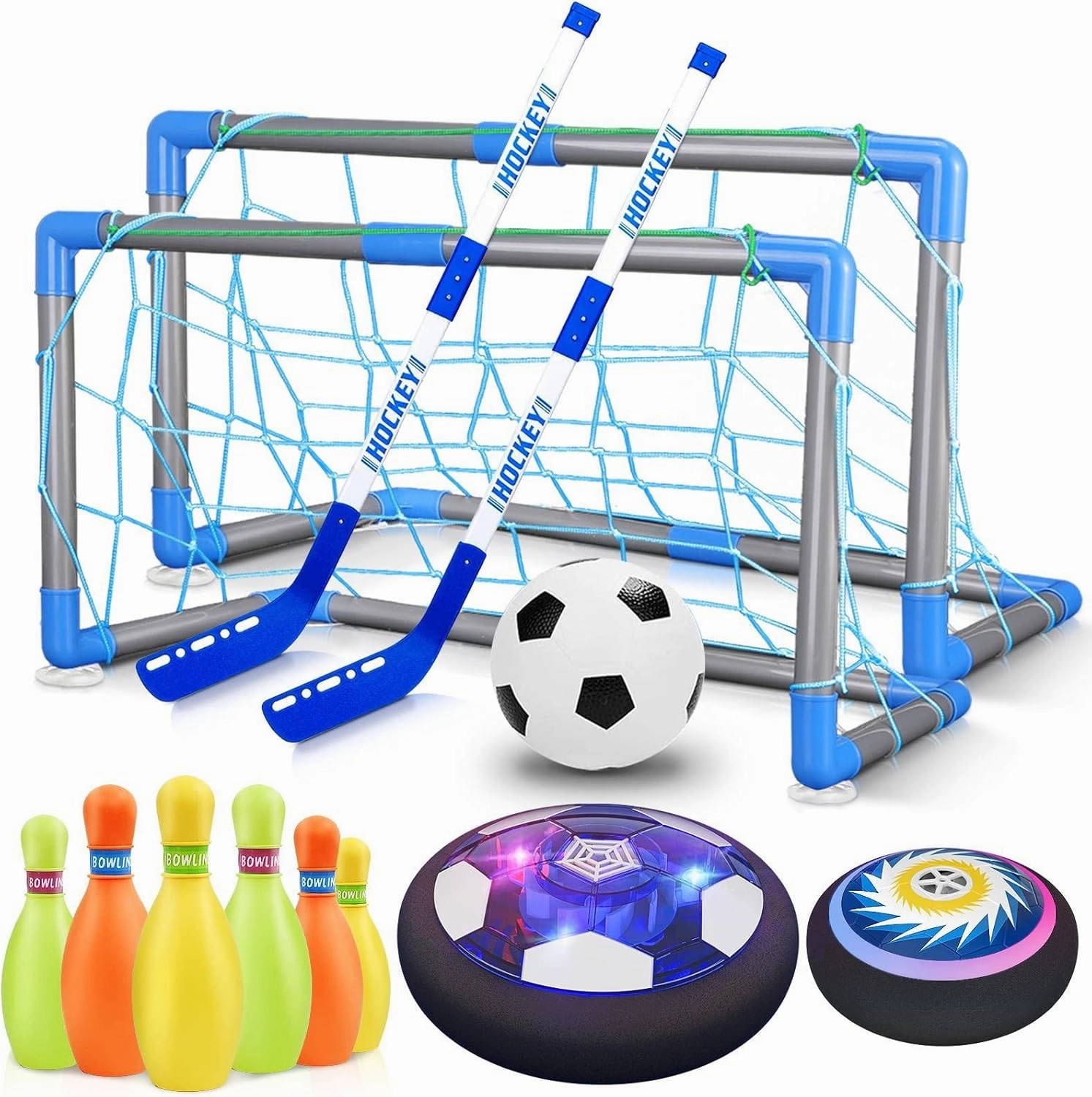 HopeRock 3-in-1 Hover Soccer Ball Hockey Bowling Set, Indoor and Outdoor Toys for Kids Ages 3-12, Outside Toys with LED Lights, Christmas Birthday Gifts for 3 4 5 6 7 8 9  Year Old Boys Girls