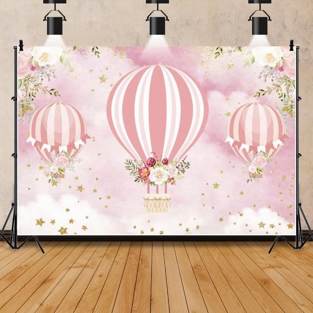 Hot Air Balloons Backdrop Pink Flower Up Up and Away Adventure Photography Backgrounds for Girls Baby Shower Birthday Party Decorations Photo Booth Props Vinyl 7x5ft