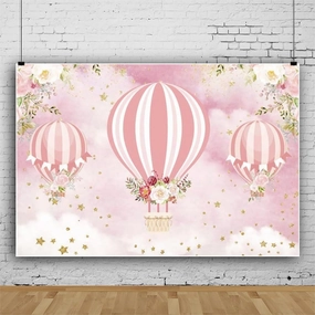 Hot Air Balloons Backdrop Pink Flower Up Up and Away Adventure Photography Backgrounds for Girls Baby Shower Birthday Party Decorations Photo Booth Props Vinyl 7x5ft