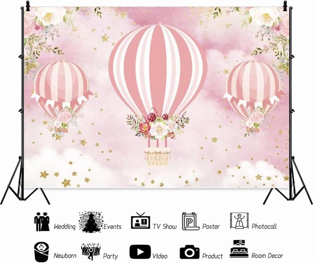 Hot Air Balloons Backdrop Pink Flower Up Up and Away Adventure Photography Backgrounds for Girls Baby Shower Birthday Party Decorations Photo Booth Props Vinyl 7x5ft