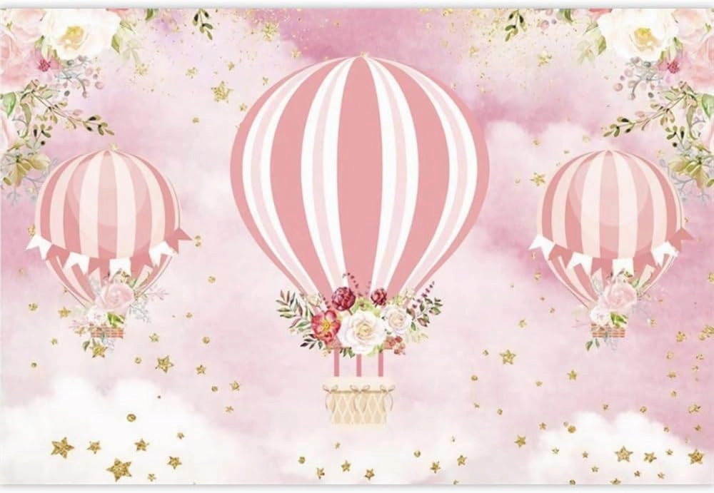 Hot Air Balloons Backdrop Pink Flower Up Up and Away Adventure Photography Backgrounds for Girls Baby Shower Birthday Party Decorations Photo Booth Props Vinyl 7x5ft