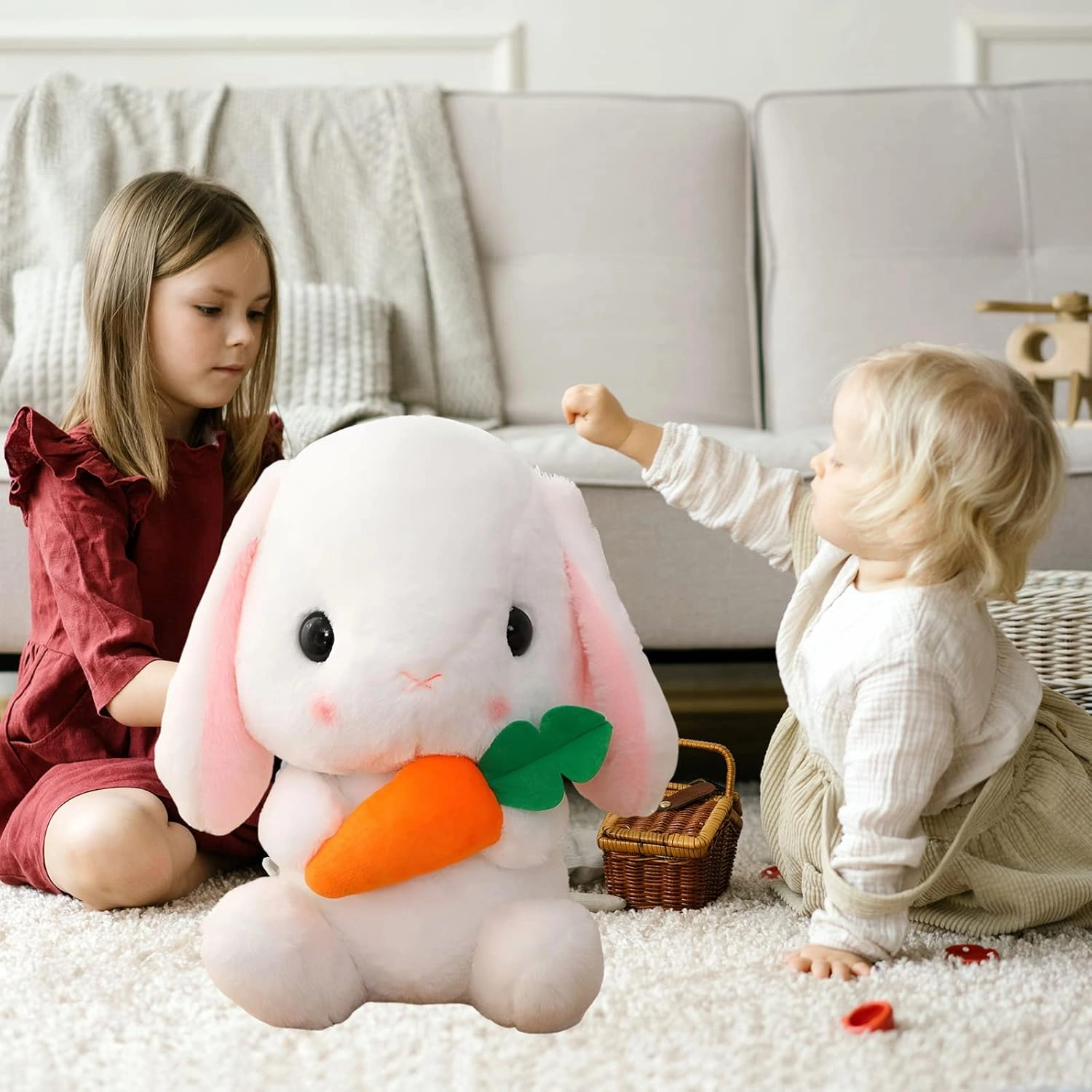 HOUPU Soft Toy - Sitting Lop Eared Rabbit, Easter White Rabbit Stuffed Bunny Animal with Carrot Soft Lovely Realistic Long-Eared Standing Pink Plush Toys (White-Carrot,16.9in/43cm)