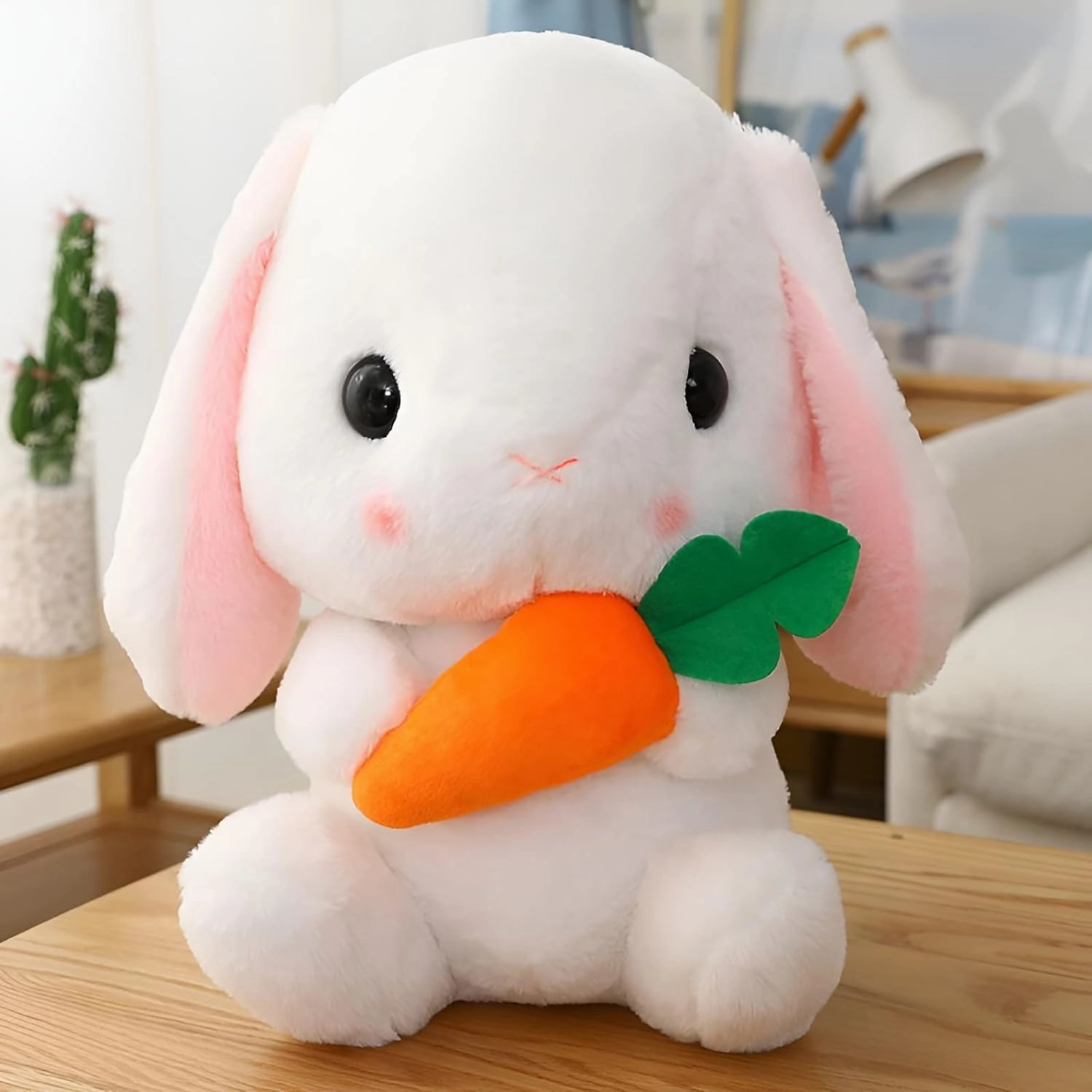 HOUPU Soft Toy - Sitting Lop Eared Rabbit, Easter White Rabbit Stuffed Bunny Animal with Carrot Soft Lovely Realistic Long-Eared Standing Pink Plush Toys (White-Carrot,16.9in/43cm)