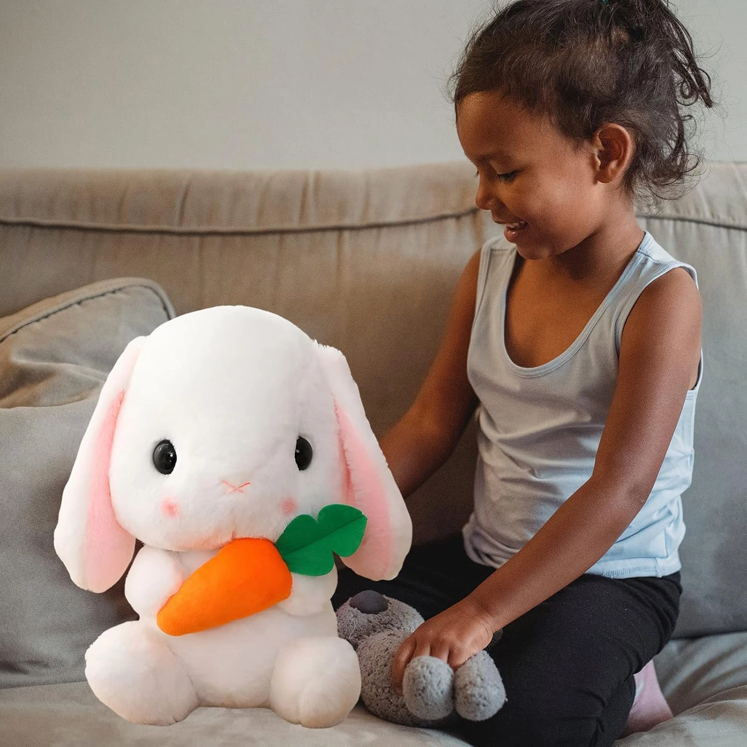 HOUPU Soft Toy - Sitting Lop Eared Rabbit, Easter White Rabbit Stuffed Bunny Animal with Carrot Soft Lovely Realistic Long-Eared Standing Pink Plush Toys (White-Carrot,16.9in/43cm)