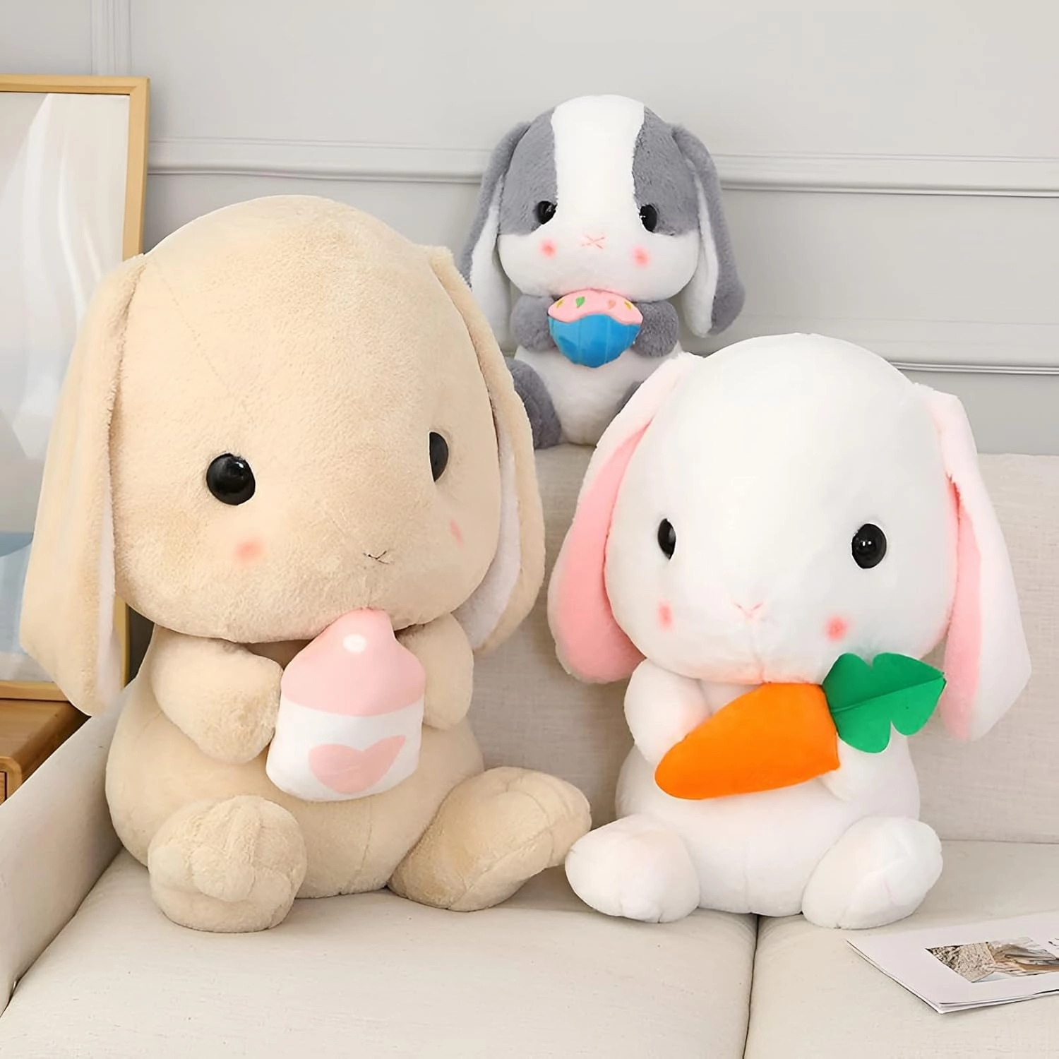 HOUPU Soft Toy - Sitting Lop Eared Rabbit, Easter White Rabbit Stuffed Bunny Animal with Carrot Soft Lovely Realistic Long-Eared Standing Pink Plush Toys (White-Carrot,16.9in/43cm)