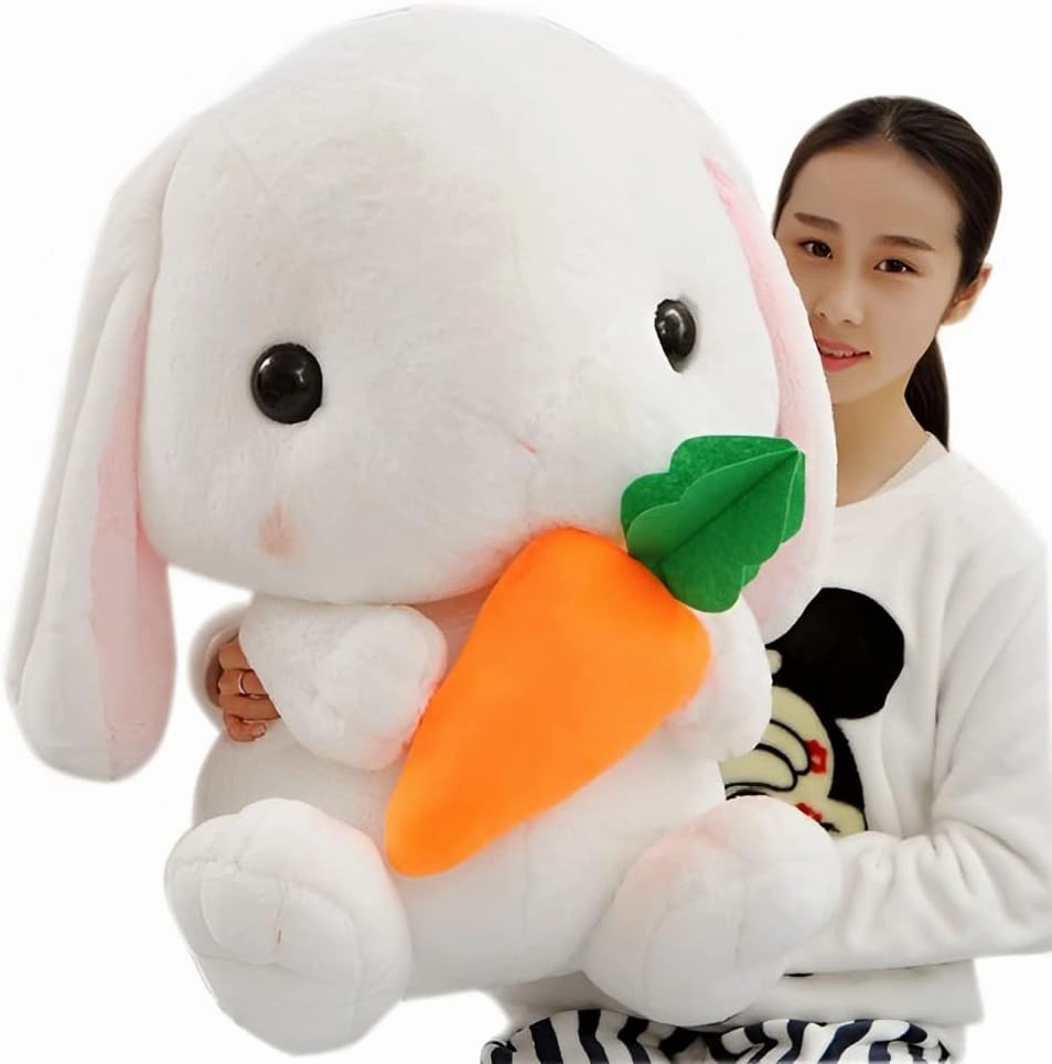 HOUPU Soft Toy - Sitting Lop Eared Rabbit, Easter White Rabbit Stuffed Bunny Animal with Carrot Soft Lovely Realistic Long-Eared Standing Pink Plush Toys (White-Carrot,16.9in/43cm)