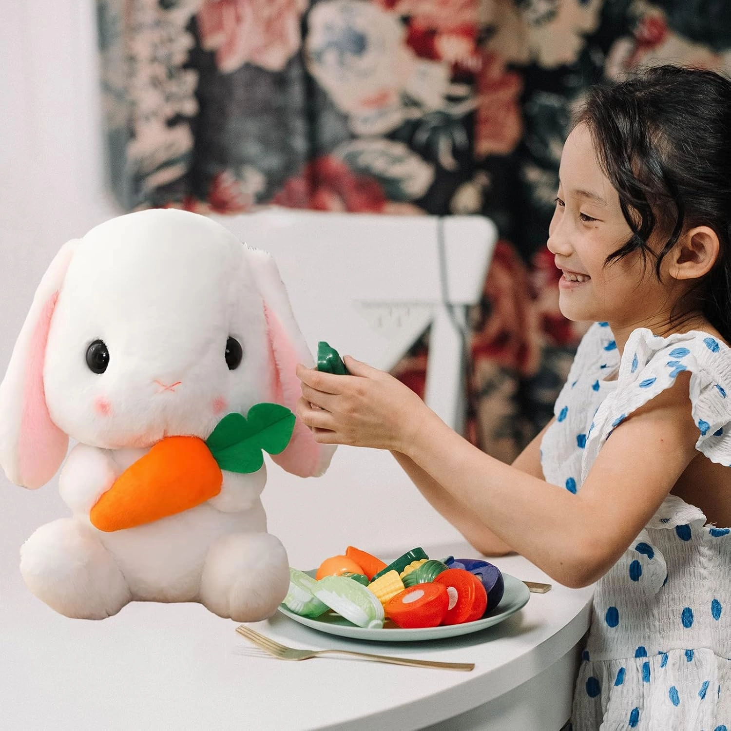 HOUPU Soft Toy - Sitting Lop Eared Rabbit, Easter White Rabbit Stuffed Bunny Animal with Carrot Soft Lovely Realistic Long-Eared Standing Pink Plush Toys (White-Carrot,16.9in/43cm)