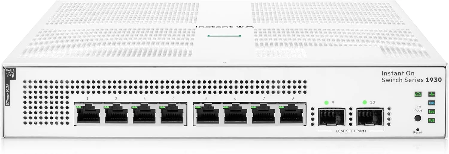 HPE Networking Instant On Switch Series 1930 8-Port Gb Smart-Managed Layer 2  Ethernet Switch with PoE | 8X 1G | 2X SFP | 8X CL4 PoE 124W | US Cord (JL681A#ABA)
