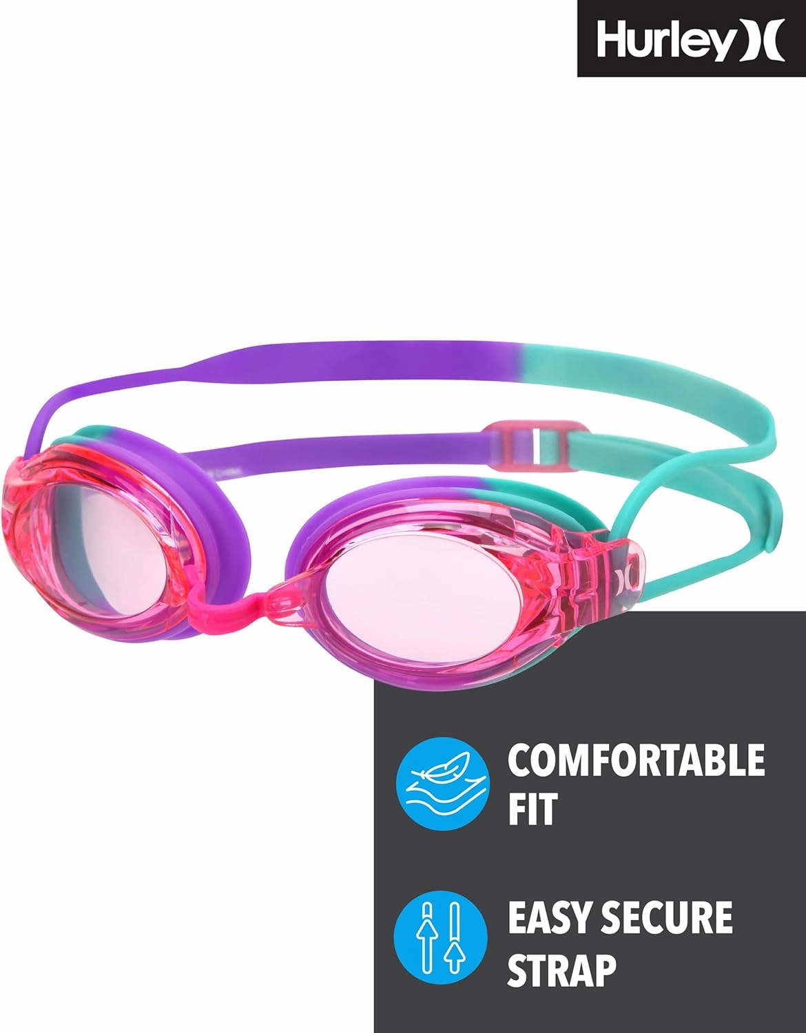Hurley Kids Swim Goggles - 2 Pack/3 Pack Leak Proof, Anti Fog, UV Protect Waikiki Swimming Goggles for Kids (Ages 3  and 8 )