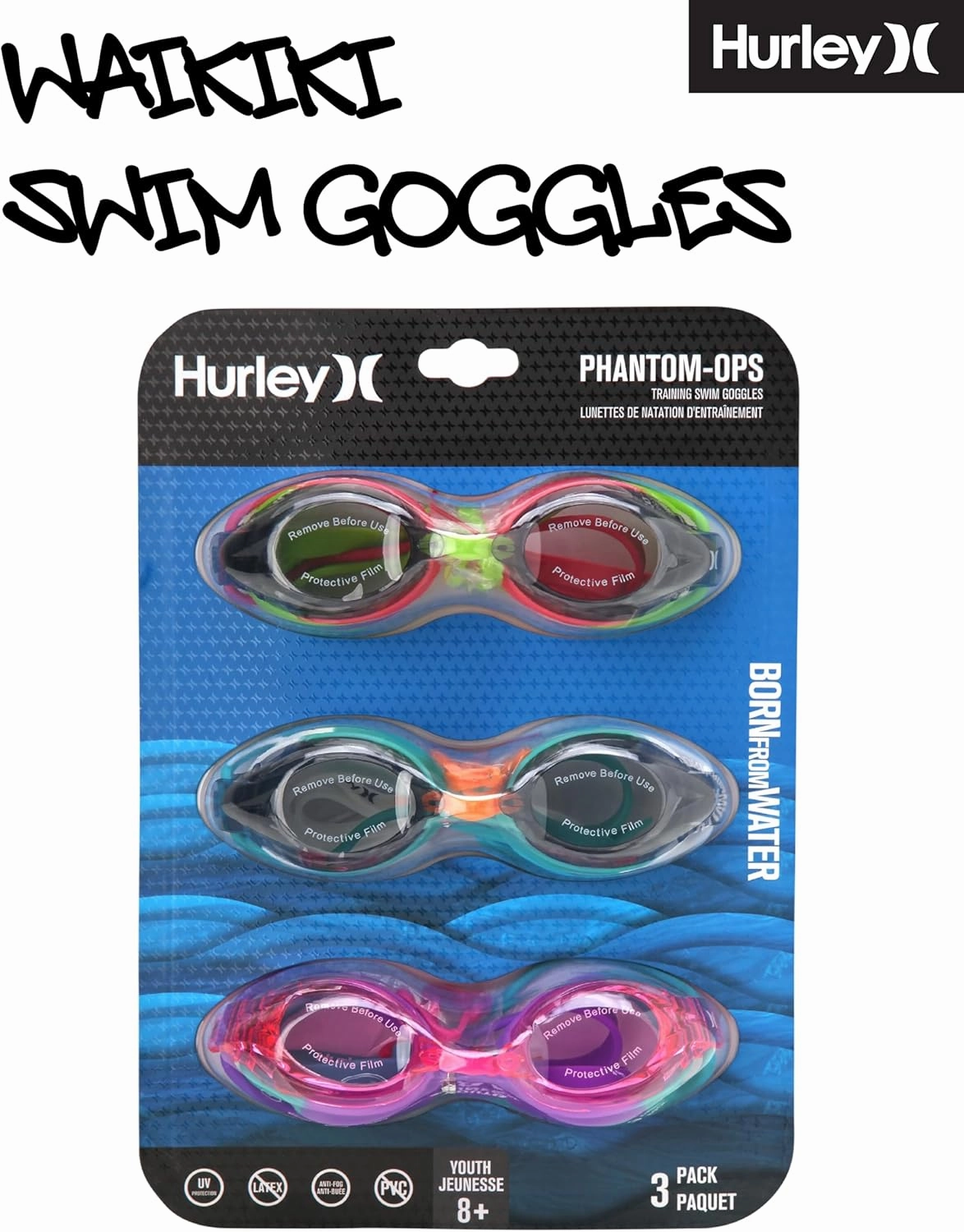 Hurley Kids Swim Goggles - 2 Pack/3 Pack Leak Proof, Anti Fog, UV Protect Waikiki Swimming Goggles for Kids (Ages 3  and 8 )