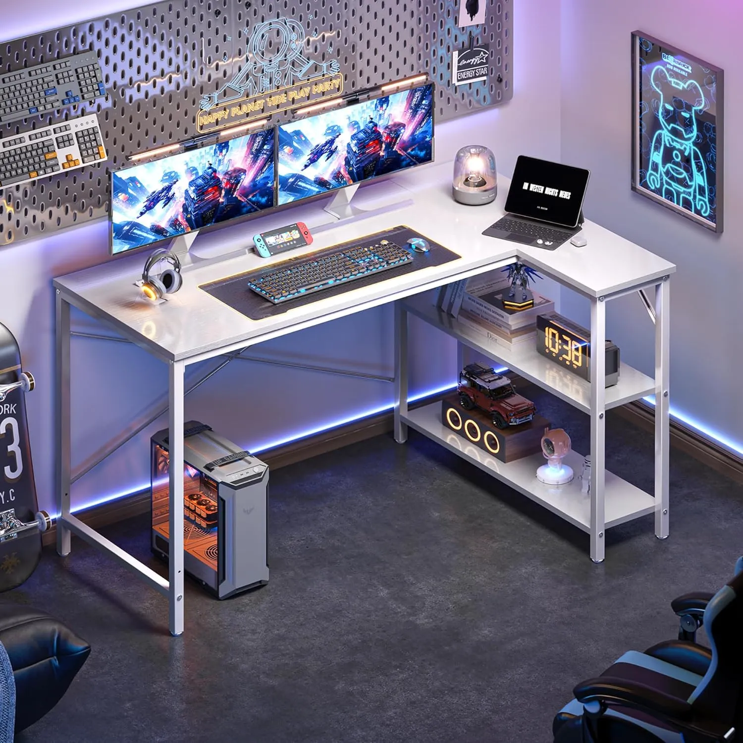 Huuger L Shaped Desk, 47 Inches Computer Desk with Reversible Storage Shelves, Gaming Desk, Corner Desk Home Office Desks, Writing Desk Study Desk with Metal Frame, White, 7966WC