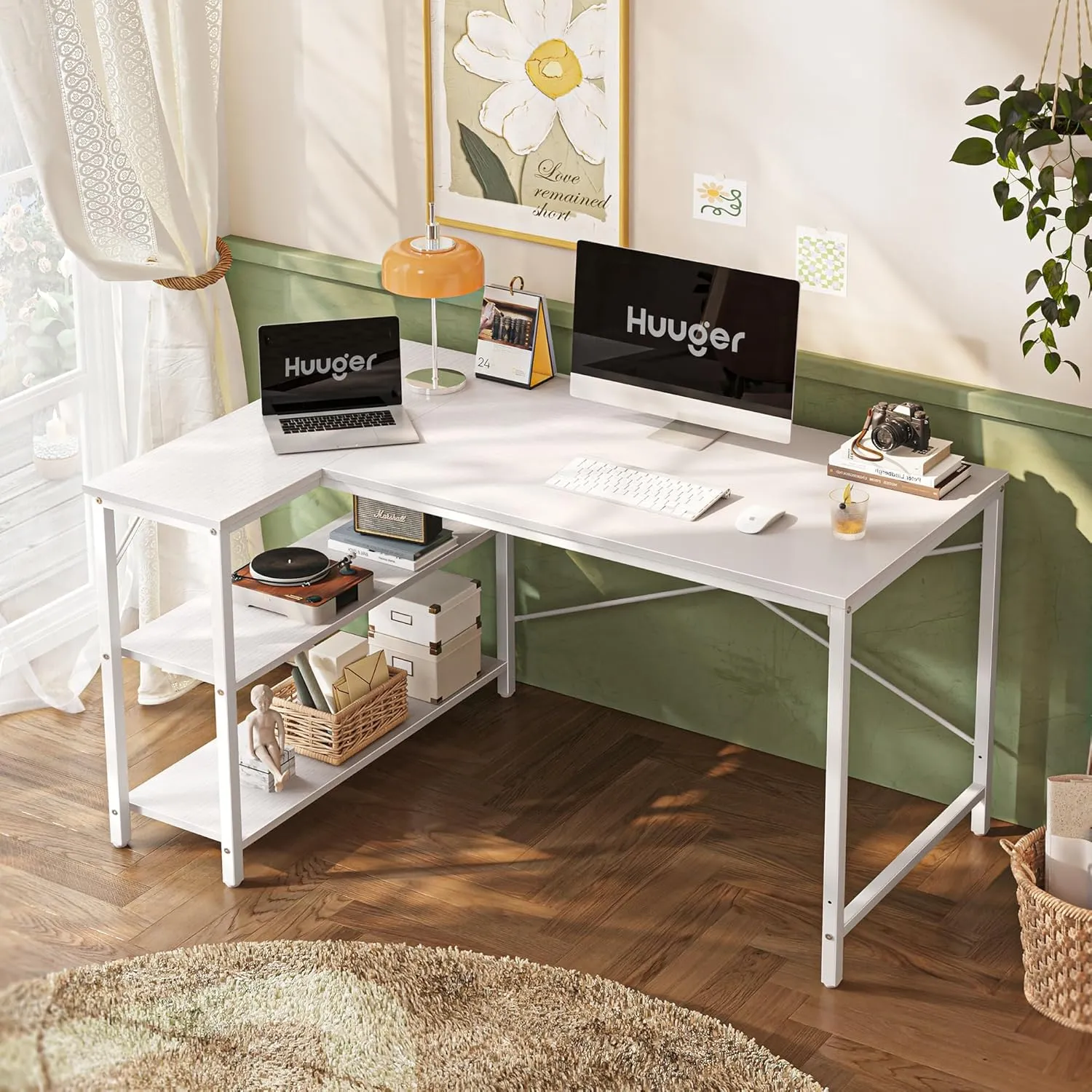 Huuger L Shaped Desk, 47 Inches Computer Desk with Reversible Storage Shelves, Gaming Desk, Corner Desk Home Office Desks, Writing Desk Study Desk with Metal Frame, White, 7966WC