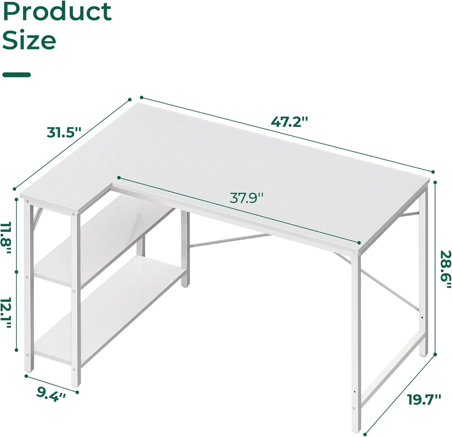 Huuger L Shaped Desk, 47 Inches Computer Desk with Reversible Storage Shelves, Gaming Desk, Corner Desk Home Office Desks, Writing Desk Study Desk with Metal Frame, White, 7966WC