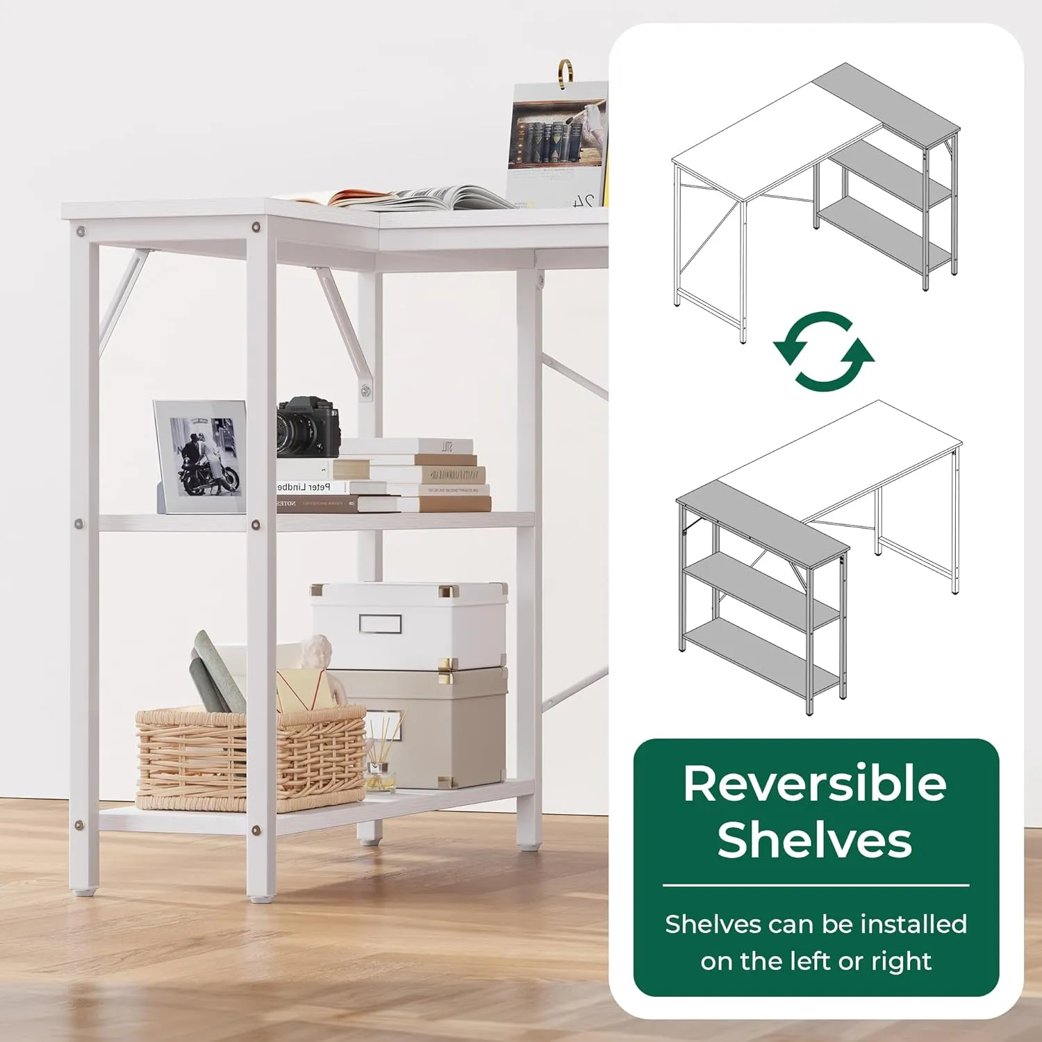 Huuger L Shaped Desk, 47 Inches Computer Desk with Reversible Storage Shelves, Gaming Desk, Corner Desk Home Office Desks, Writing Desk Study Desk with Metal Frame, White, 7966WC