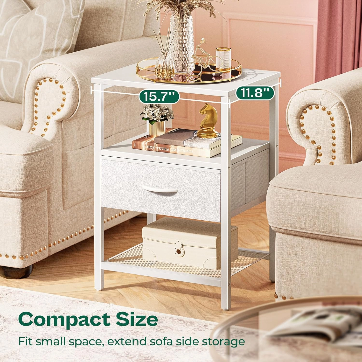 Huuger Night Stand with Fabric Drawer, Side Table with Mesh Shelf, Bedroom Nightstand, Fabric Drawer Dresser, Open Shelf, Metal Frame, Couch Side, White