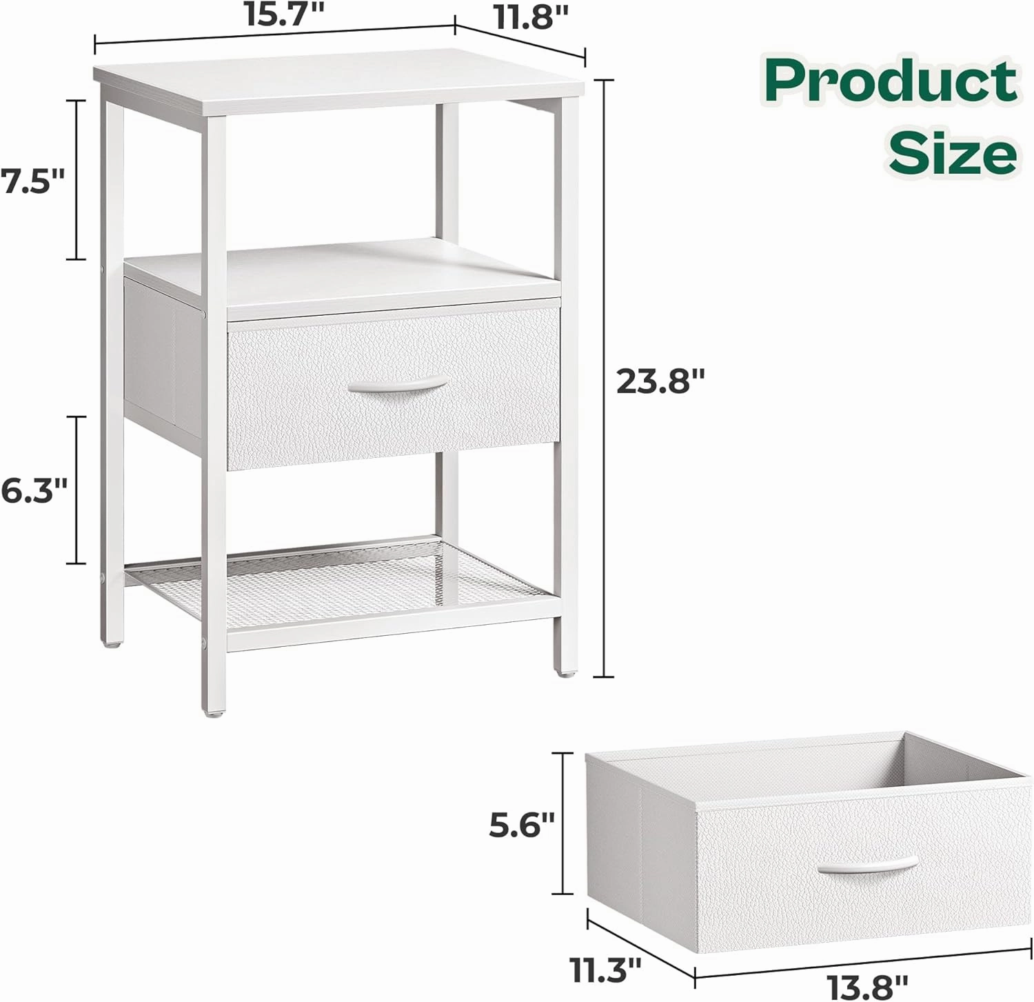 Huuger Night Stand with Fabric Drawer, Side Table with Mesh Shelf, Bedroom Nightstand, Fabric Drawer Dresser, Open Shelf, Metal Frame, Couch Side, White