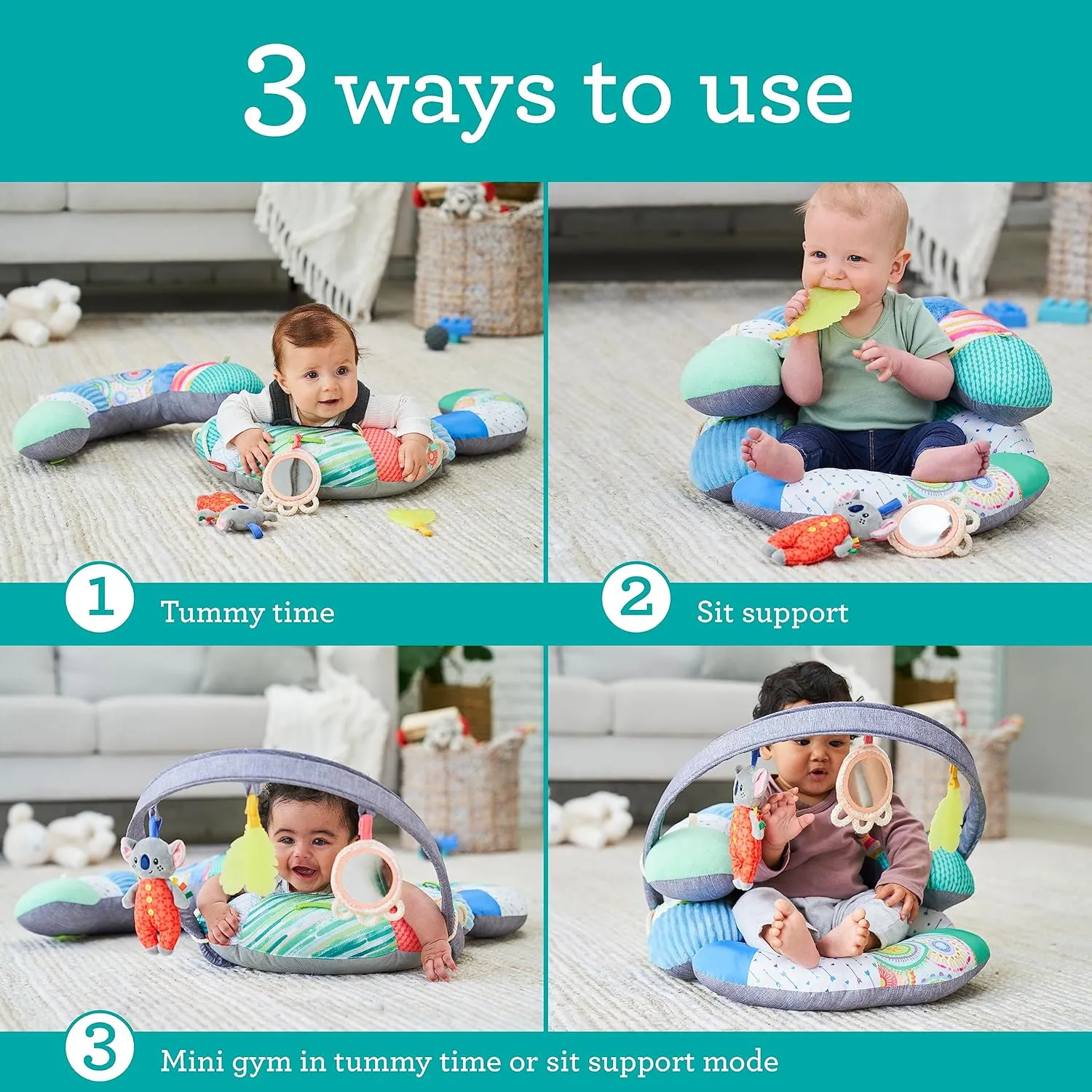 Infantino 3-in-1 Tummy Time, Sit Support & Mini Gym - Removable Toy Arch - Musical Koala Pal, Soothing Leaf Teether & Peek-and-See Mirror - for Babies, 0M 