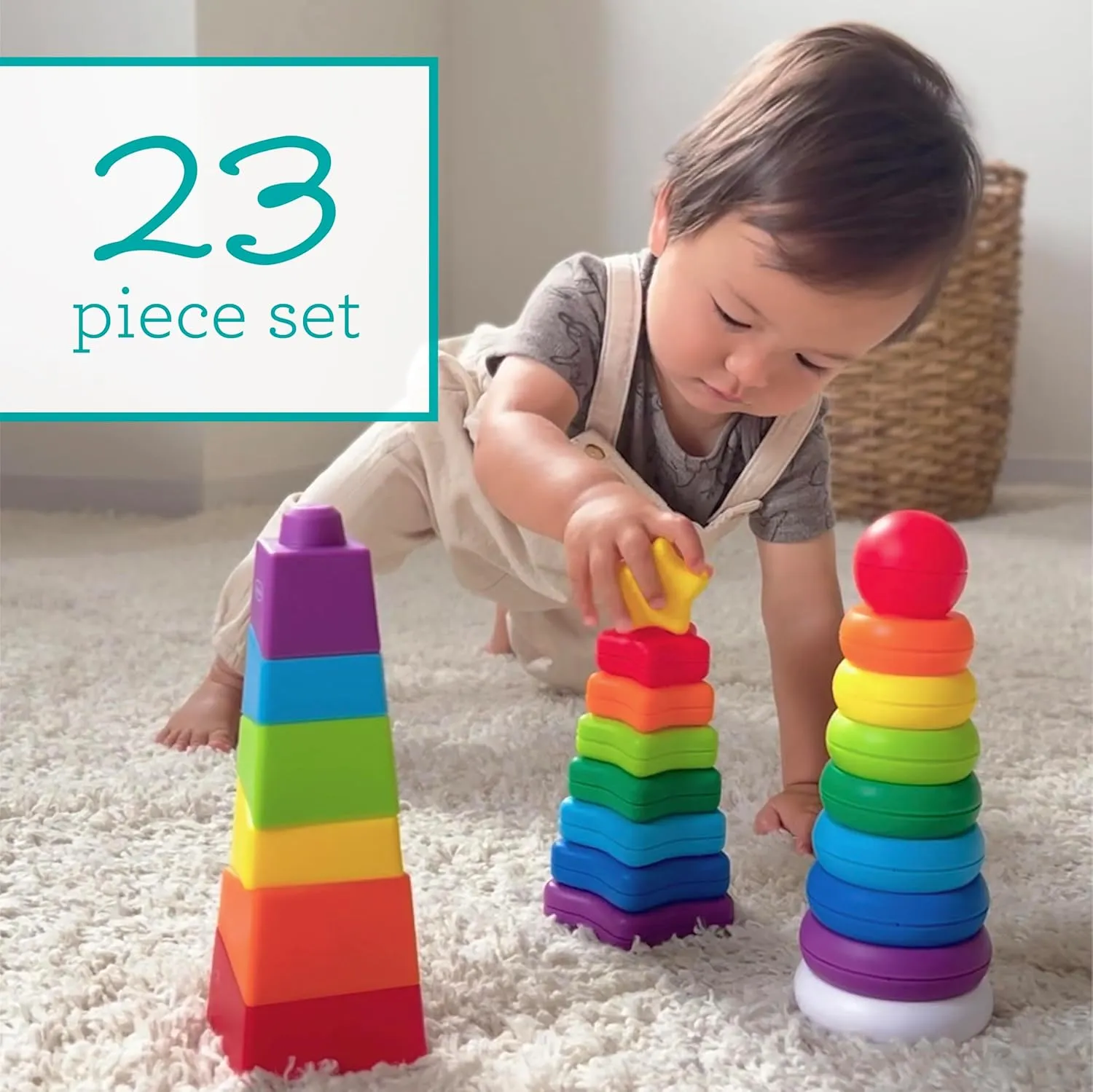 Infantino Tower Stackers Playset, Multicolor Rainbow-Themed Stacking Towers for Babies 12M , 3-Style Set, Rings, Squares & Stars, 23 Pieces