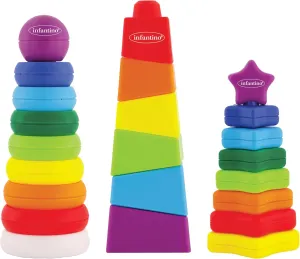 Infantino Tower Stackers Playset, Multicolor Rainbow-Themed Stacking Towers for Babies 12M , 3-Style Set, Rings, Squares & Stars, 23 Pieces