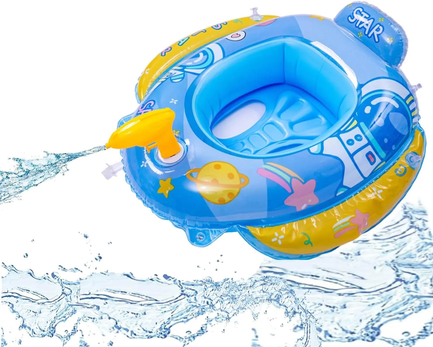 Inflatable Pool Floats with Water Gun Kids Toddler Pool Floaties for Kids Age 3 4 5 Girls Boys Child Swimming Ring Baby Pool Float with Squirt Gun Summer Pool Game Water Toys Kids Beach Toy (Blue)