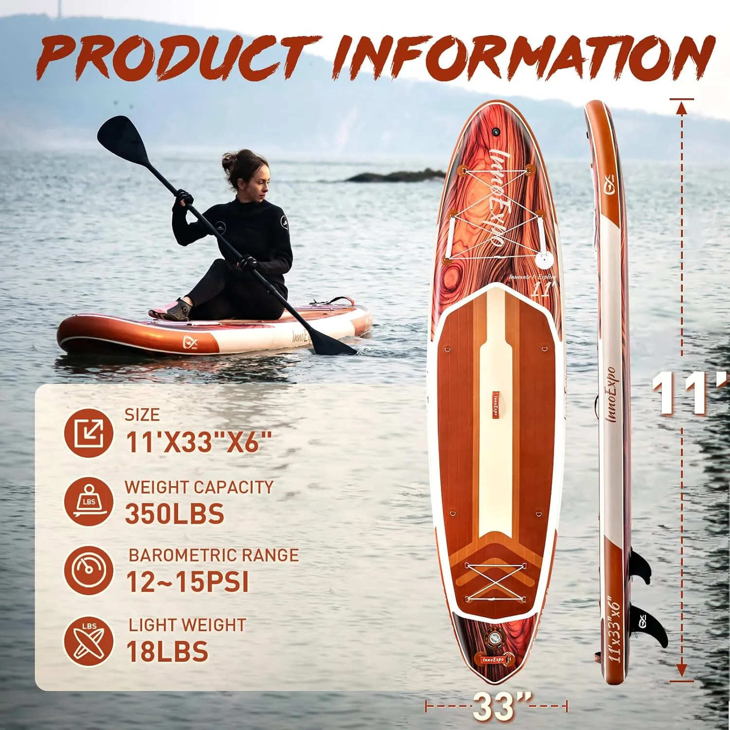 InnoExpo 11' Inflatable Stand Up Paddle Boards with Premium Accessories, Wide Stable SUP Paddle Board Design, Non-Slip Comfort Deck for Youth & Adults