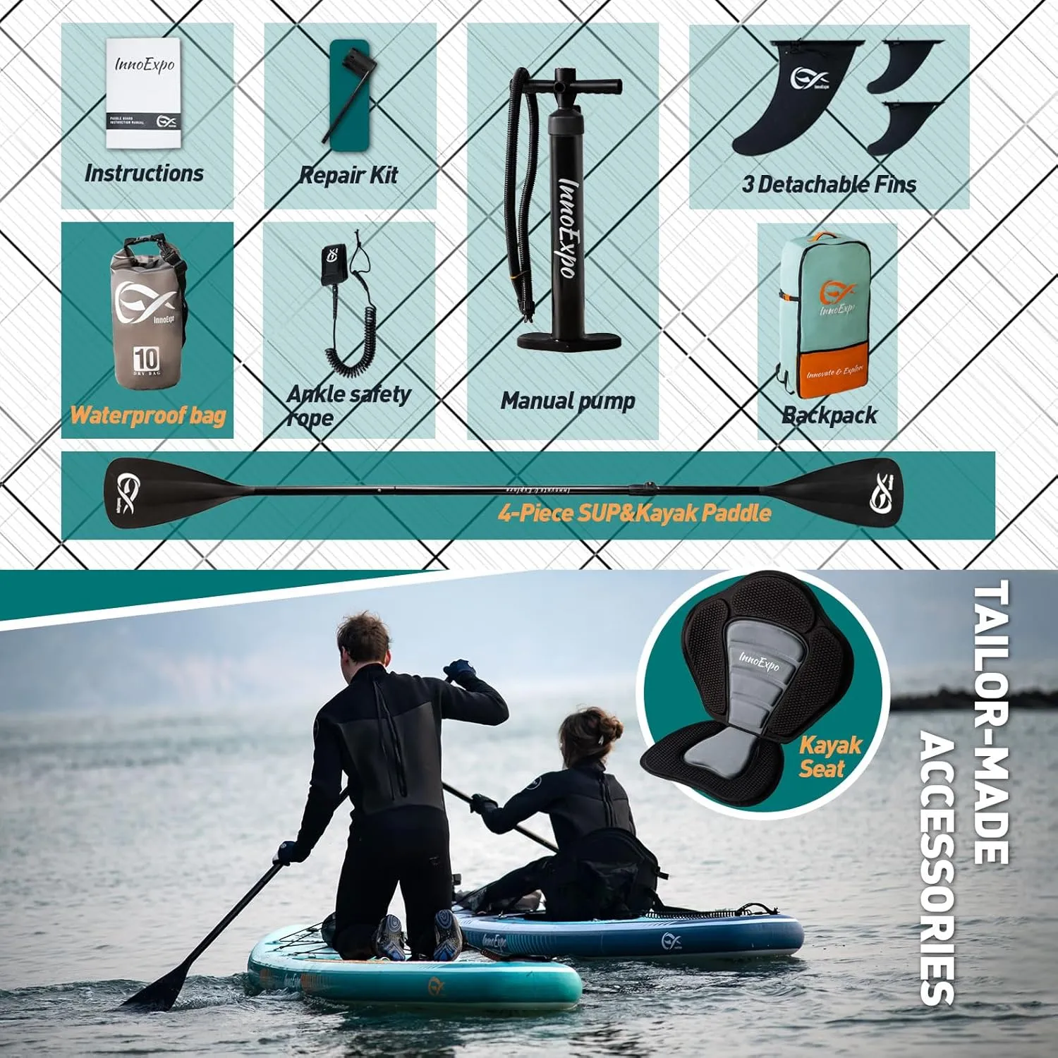 InnoExpo Inflatable Stand Up Paddle Boards with Premium Accessories, Wide Stable SUP Paddle Board Design, Non-Slip Comfort Deck for Youth & Adults