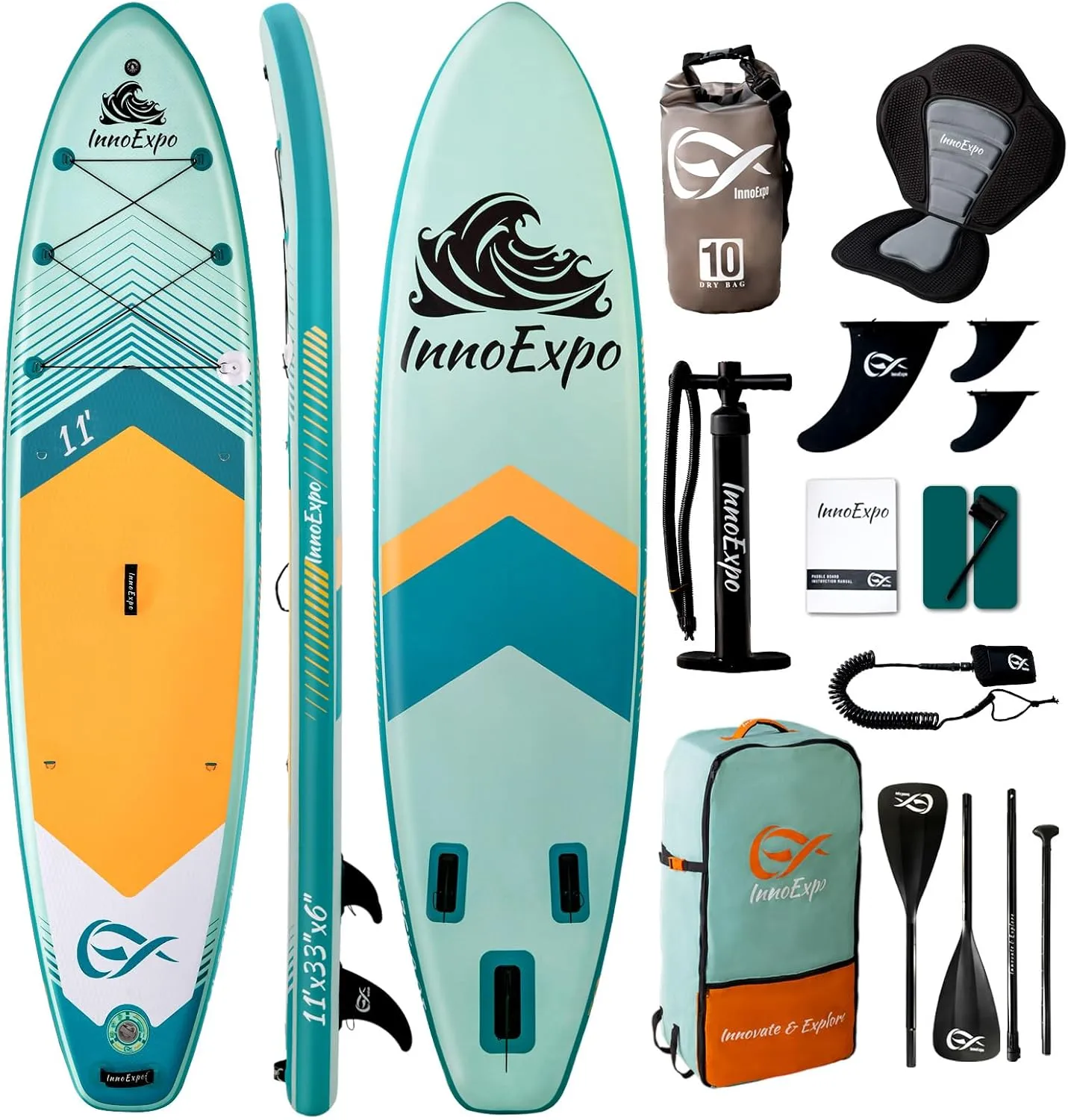 InnoExpo Inflatable Stand Up Paddle Boards with Premium Accessories, Wide Stable SUP Paddle Board Design, Non-Slip Comfort Deck for Youth & Adults