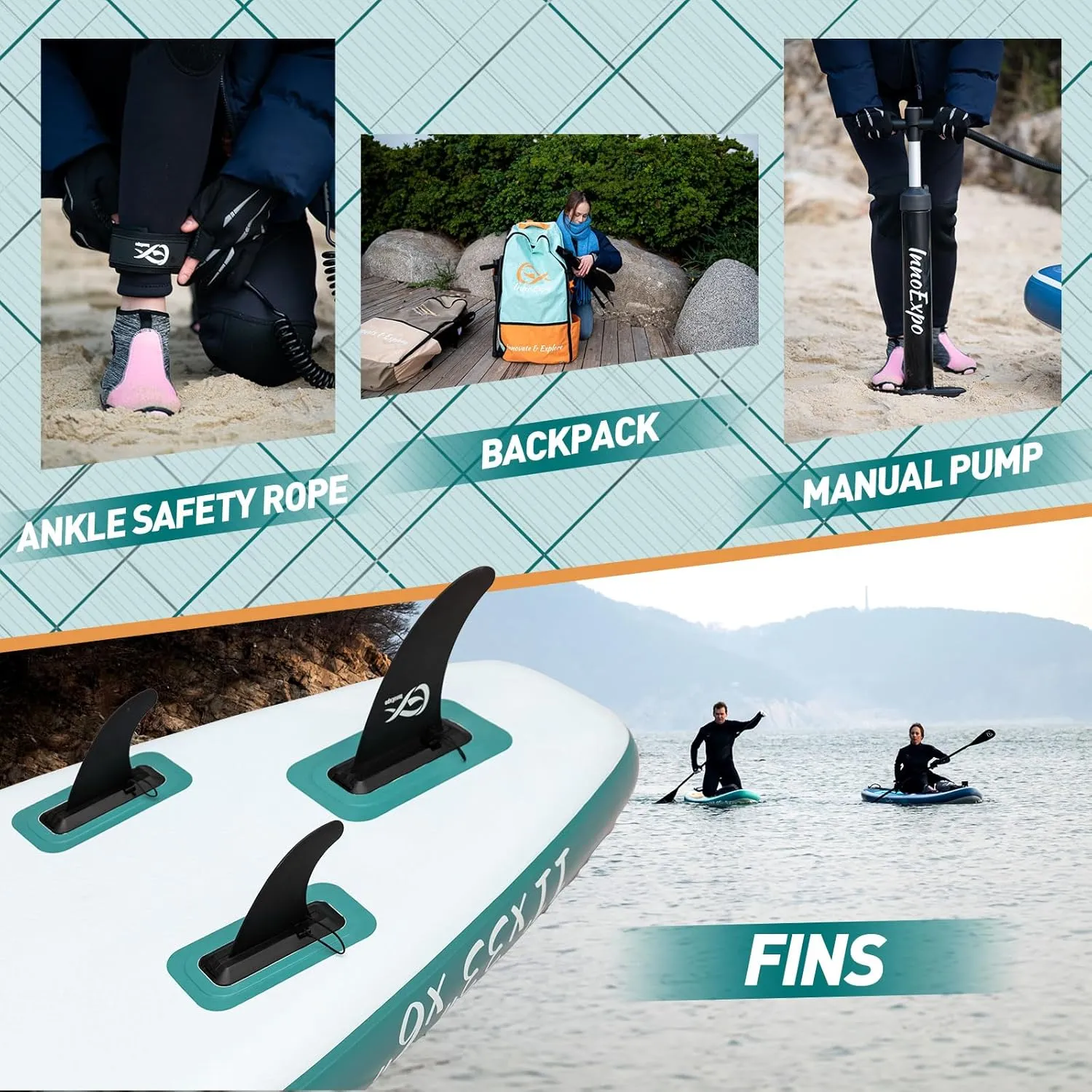 InnoExpo Inflatable Stand Up Paddle Boards with Premium Accessories, Wide Stable SUP Paddle Board Design, Non-Slip Comfort Deck for Youth & Adults