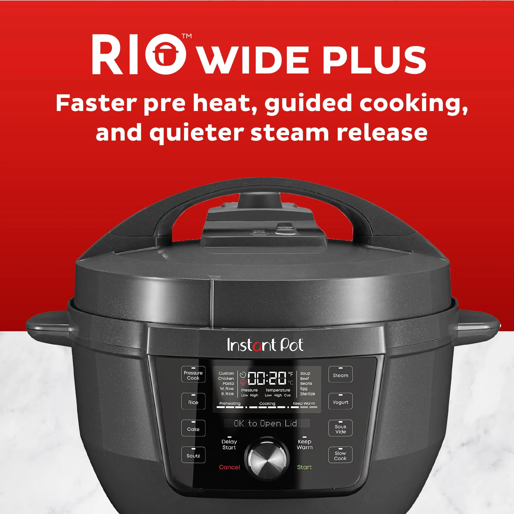 Instant Pot RIO Wide Plus, 7.5 Quarts 35% Larger Cooking Surface, WhisperQuiet Steam Release, 9-in-1 Electric Multi-Cooker, Pressure Slow Cooker, Rice Cooker, Steamer, Sauté, Cake &amp; Warmer, XL