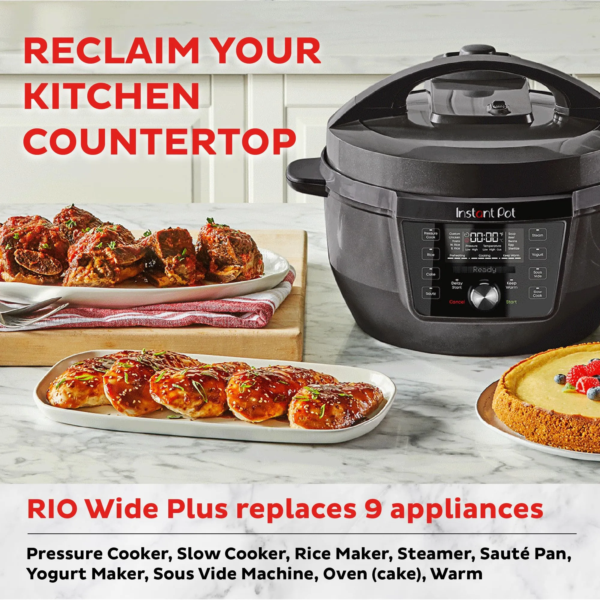 Instant Pot RIO Wide Plus, 7.5 Quarts 35% Larger Cooking Surface, WhisperQuiet Steam Release, 9-in-1 Electric Multi-Cooker, Pressure Slow Cooker, Rice Cooker, Steamer, Sauté, Cake &amp; Warmer, XL