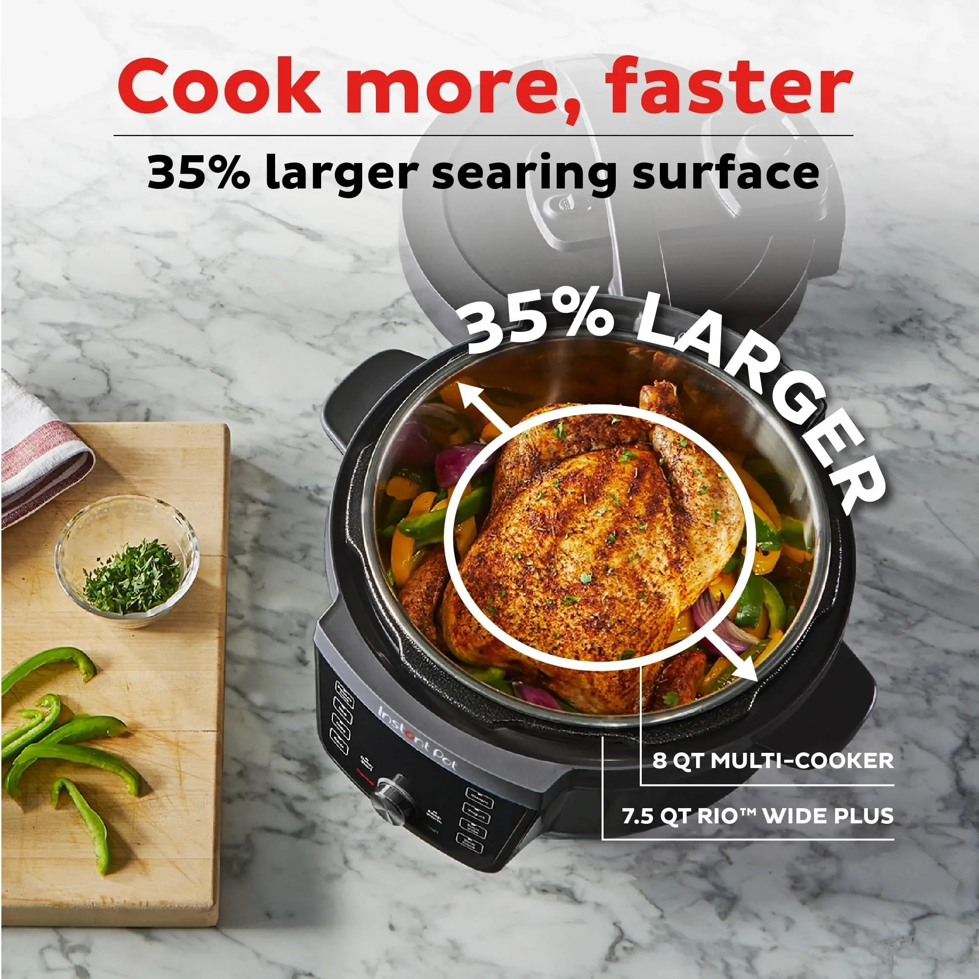 Instant Pot RIO Wide Plus, 7.5 Quarts 35% Larger Cooking Surface, WhisperQuiet Steam Release, 9-in-1 Electric Multi-Cooker, Pressure Slow Cooker, Rice Cooker, Steamer, Sauté, Cake &amp; Warmer, XL