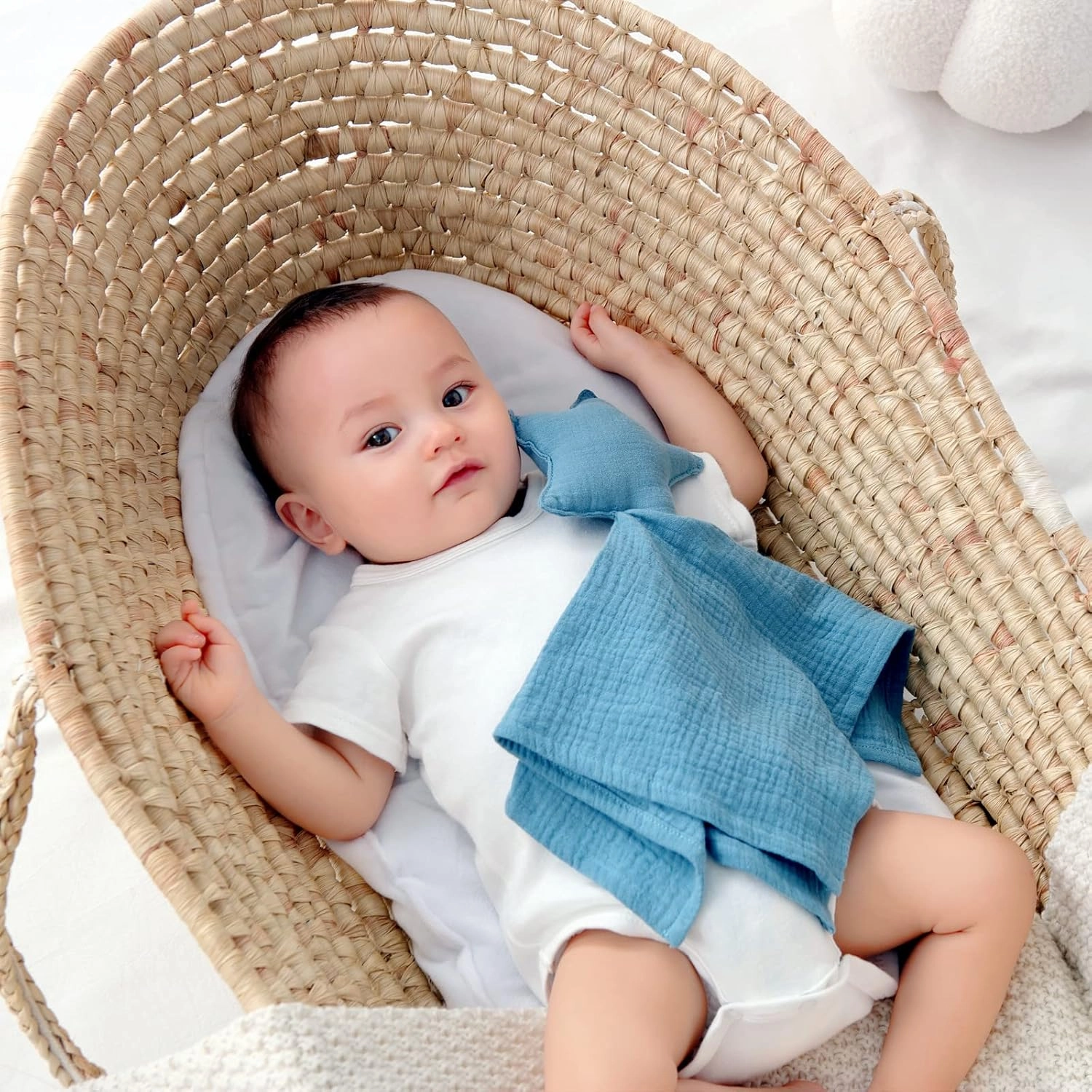 insular Baby Lovey Blanket for Boys and Girls, Organic Cotton Muslin Security Blanket for Babies, Soft Breathable Lovie Soothing Towel for Newborn and Infant, Star&Moon (Blue)