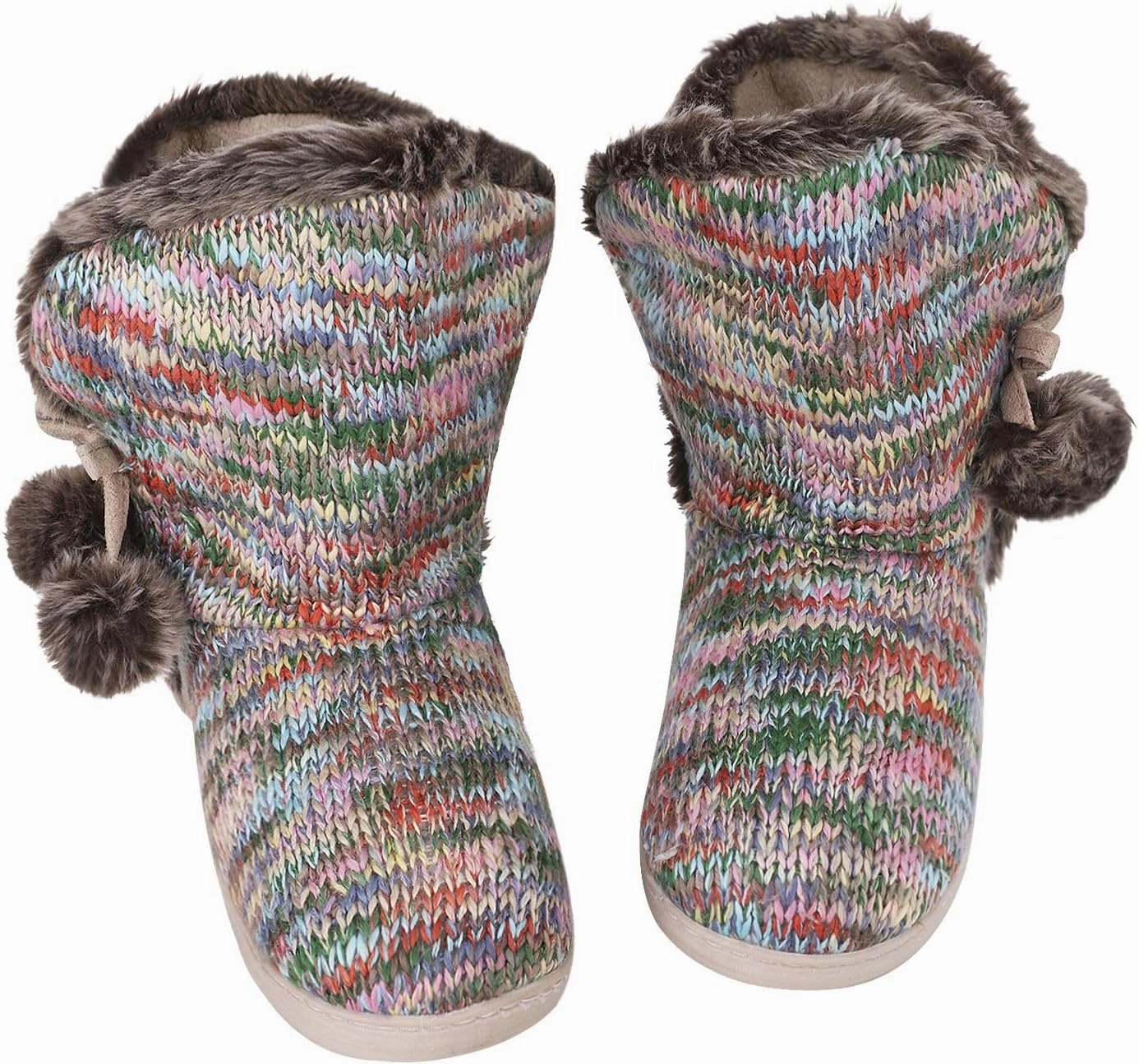 IPENNY Womens Warm Fleece Lined House Slippers with Pom Poms Soft Knit Ankle Bootie