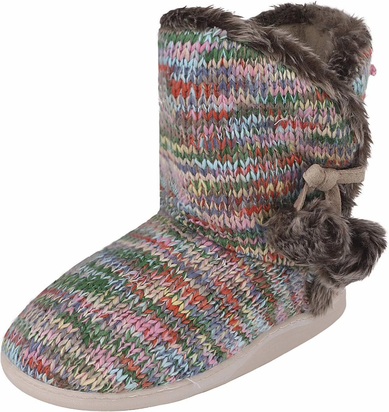 IPENNY Womens Warm Fleece Lined House Slippers with Pom Poms Soft Knit Ankle Bootie