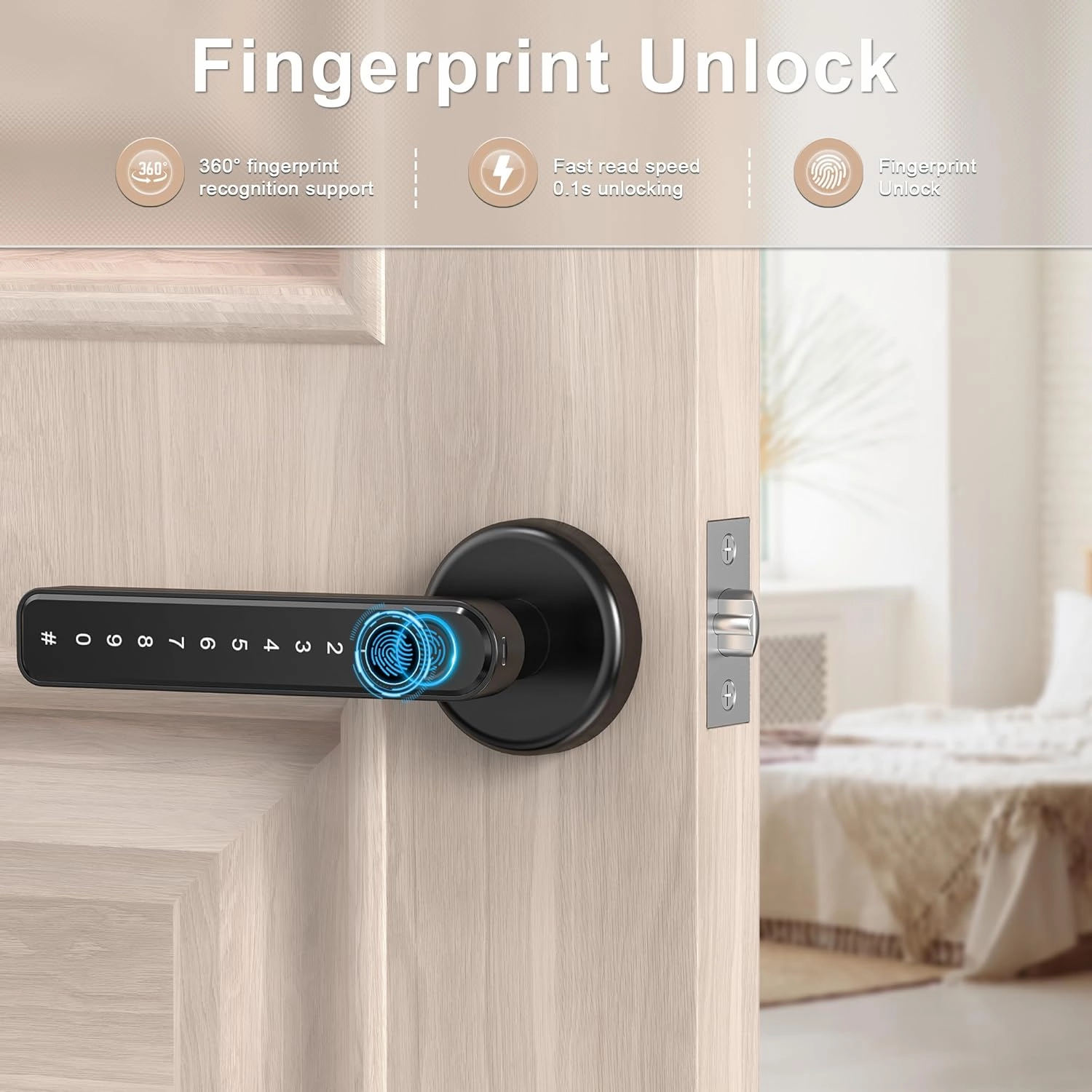 IRONZON Fingerprint Door Lock Smart Door Lock with App Code Backup Key Fingerprint Smart Door Knob with Handle for Home Hotel Office Apartment Bedroom Black