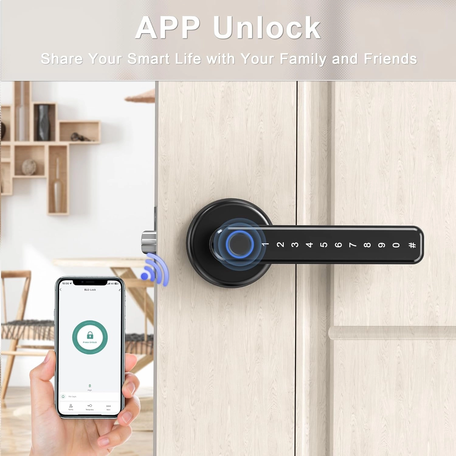 IRONZON Fingerprint Door Lock Smart Door Lock with App Code Backup Key Fingerprint Smart Door Knob with Handle for Home Hotel Office Apartment Bedroom Black