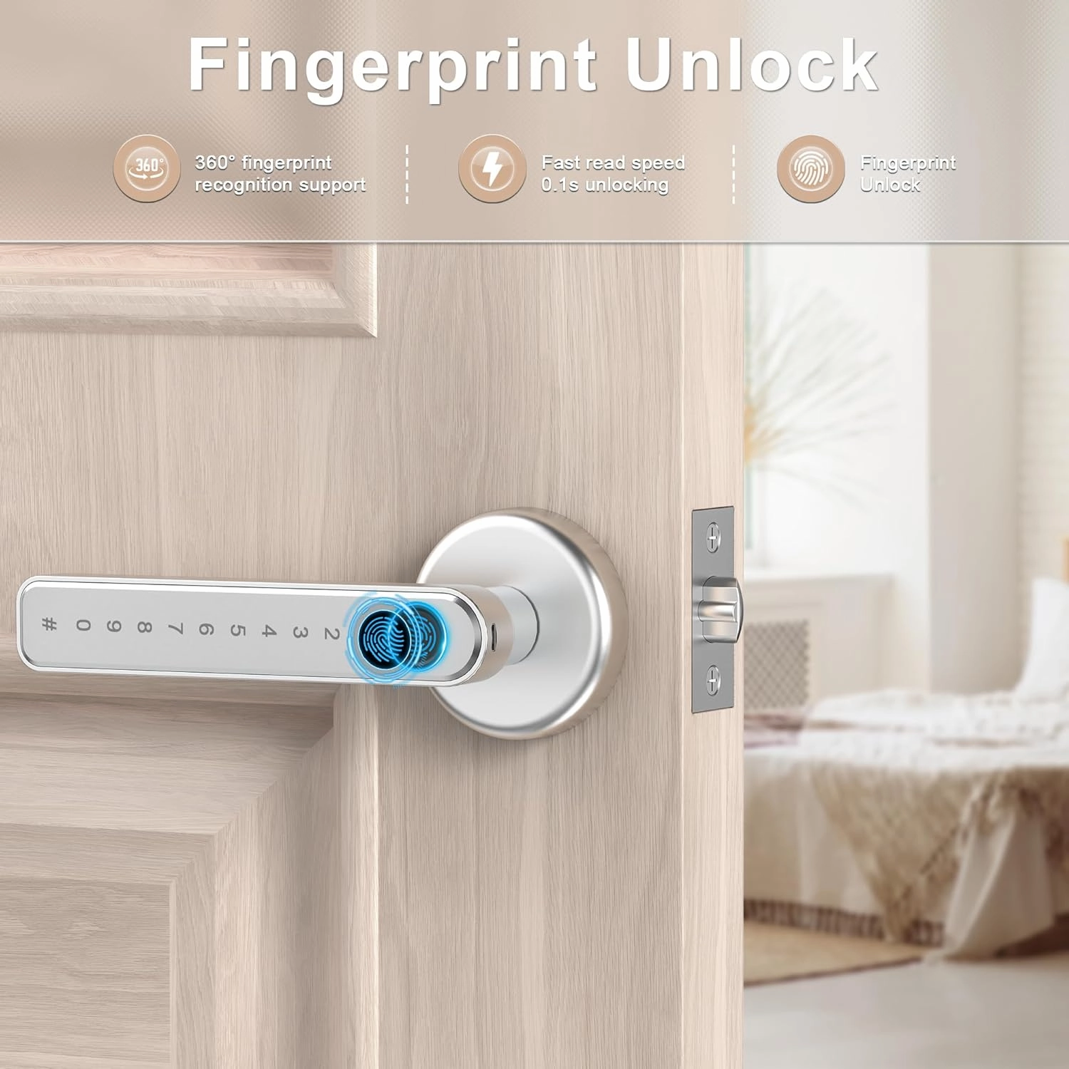IRONZON Fingerprint Door Lock Smart Door Lock with App/Code/Backup Key/Fingerprint Smart Door Knob with Handle for Home Hotel Office Apartment Bedroom Silver