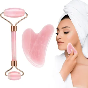 Jade Roller & Gua Sha Set, Natural Jade Stone Facial Roller Massager Skin Tighten Anti-Aging Face Eye Roller Massager, Beauty Skin Care Manual Massage Tool for Reduce Face Eye Neck Fine Line & Wrinkle