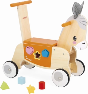 Janod - Wooden Donkey Ride-On with Integrated Shape Sorter - Walker Function - Silent Wheels - Balance and Motor Skills Learning - Wooden Early Learning Toy - from 12 Months J03325