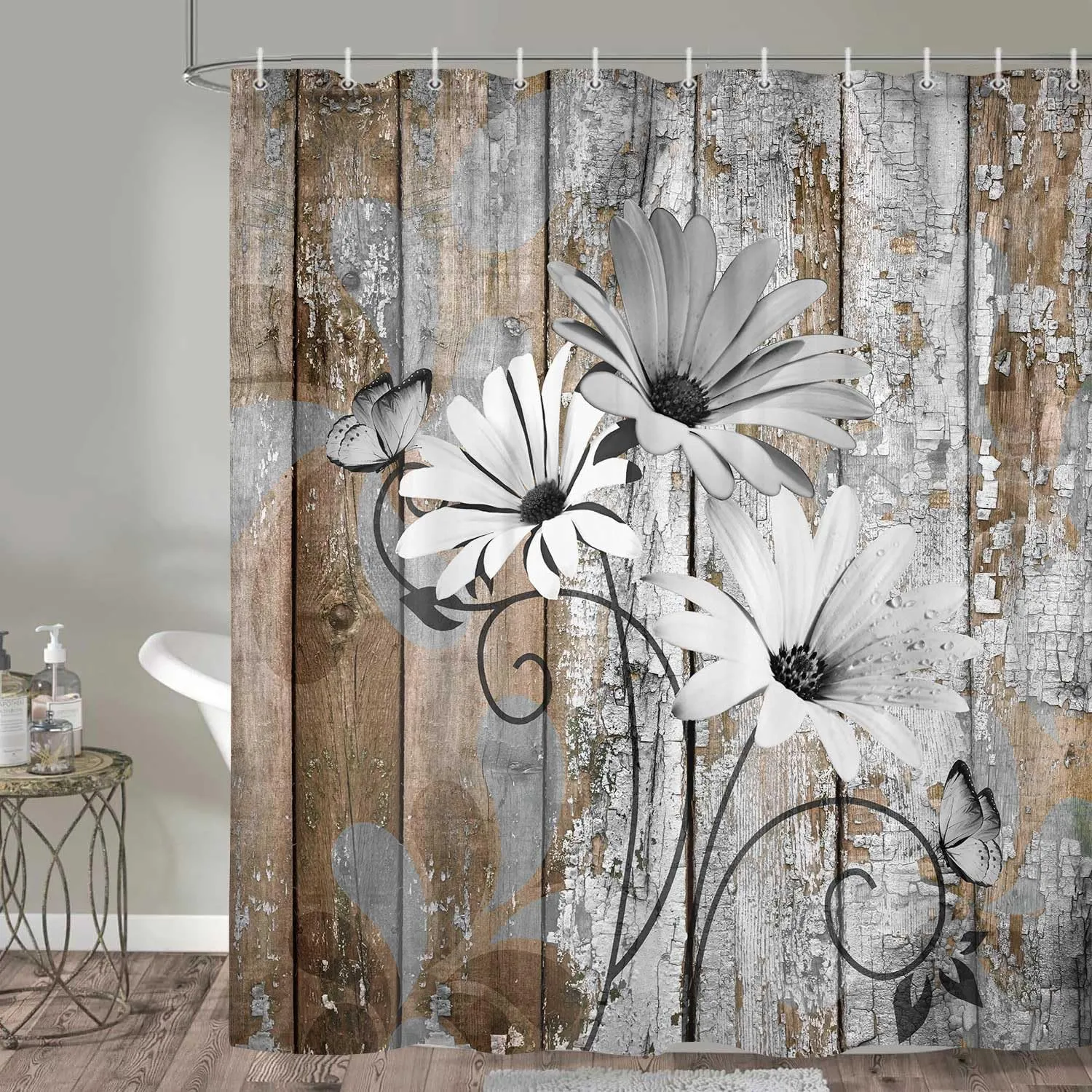 JAWO Farmhouse Flower Floral Shower Curtain, Rustic Grey Daisy Shower Curtain Set, Country Grey Wild Garden Plant Fabric Shower Curtain with Hooks, Brown Wooden Board Bathroom Curtain, 69x70inch