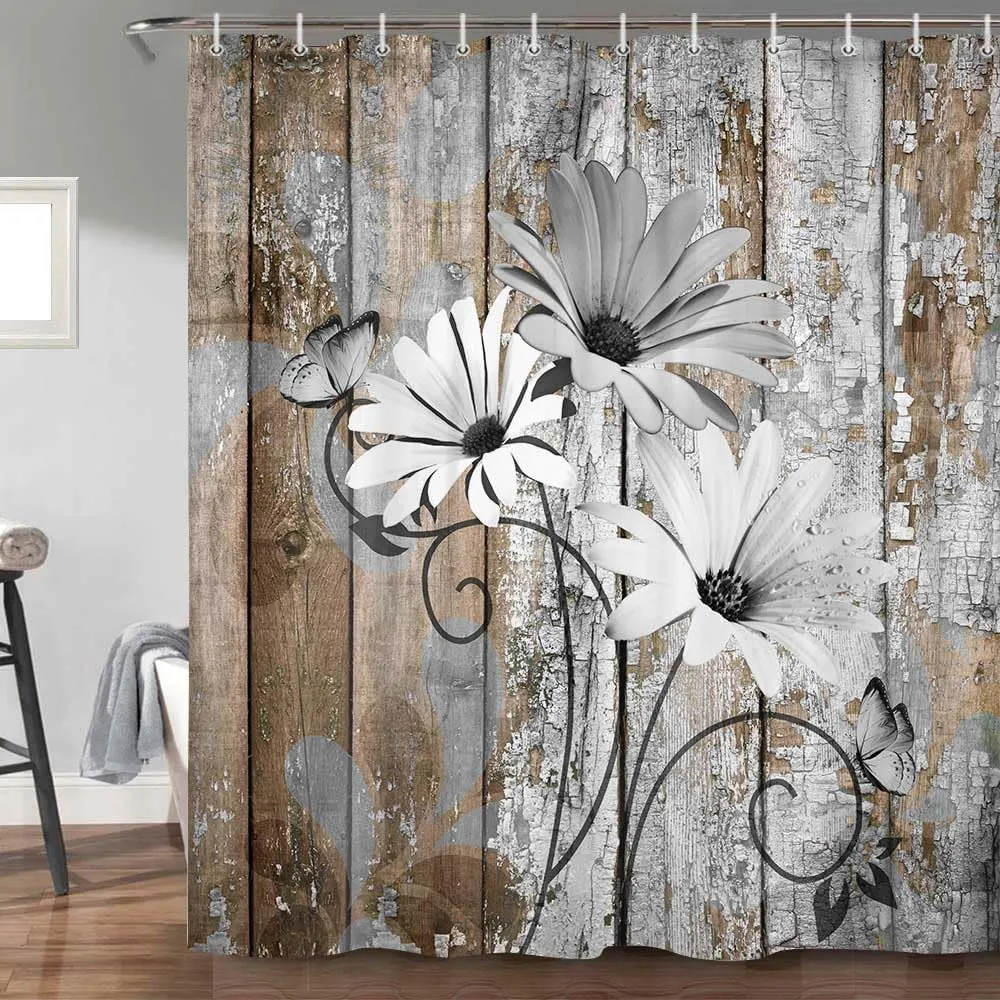 JAWO Farmhouse Flower Floral Shower Curtain, Rustic Grey Daisy Shower Curtain Set, Country Grey Wild Garden Plant Fabric Shower Curtain with Hooks, Brown Wooden Board Bathroom Curtain, 69x70inch