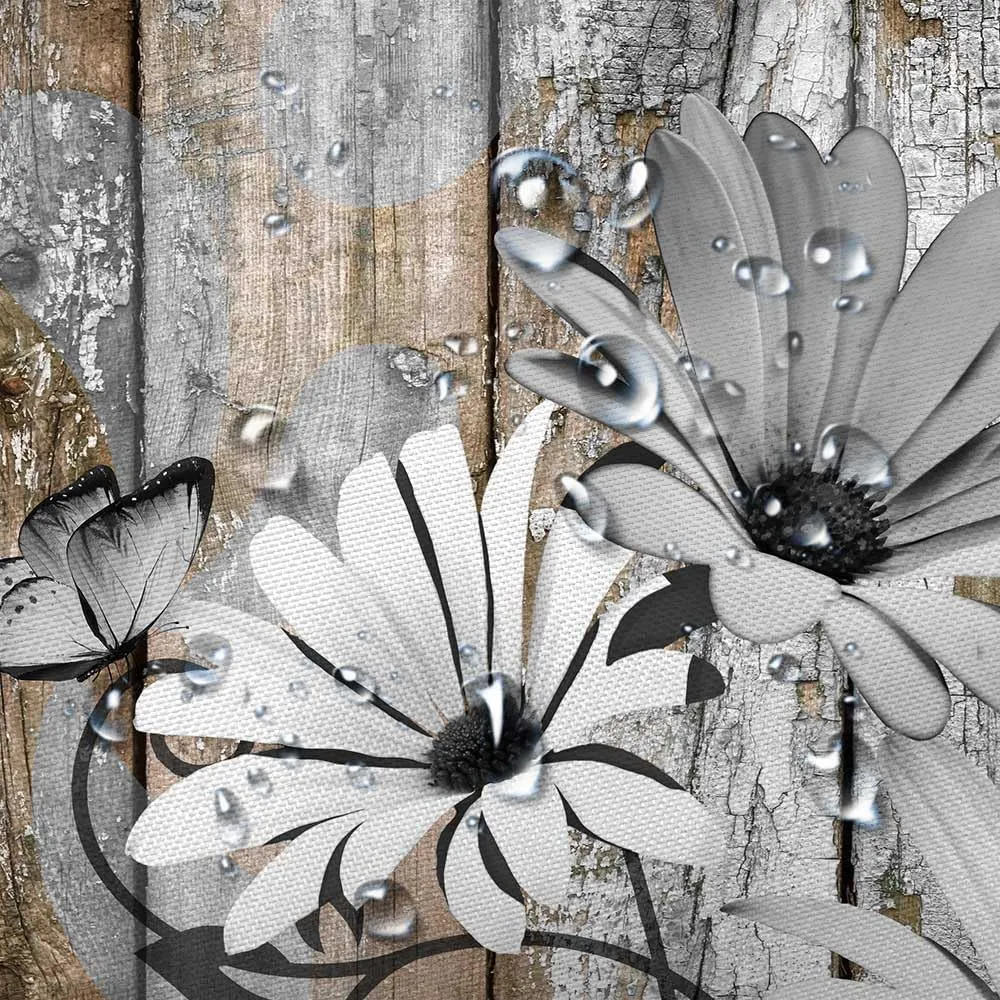 JAWO Farmhouse Flower Floral Shower Curtain, Rustic Grey Daisy Shower Curtain Set, Country Grey Wild Garden Plant Fabric Shower Curtain with Hooks, Brown Wooden Board Bathroom Curtain, 69x70inch
